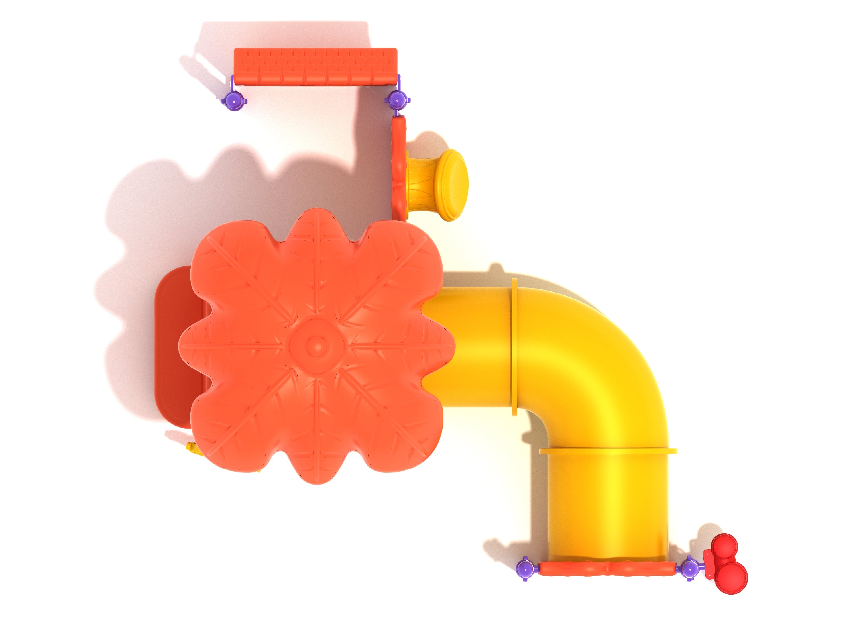 Overhead view of compact playground with large orange leaf-shaped roof, yellow curved crawl tube, and red and purple musical panels
