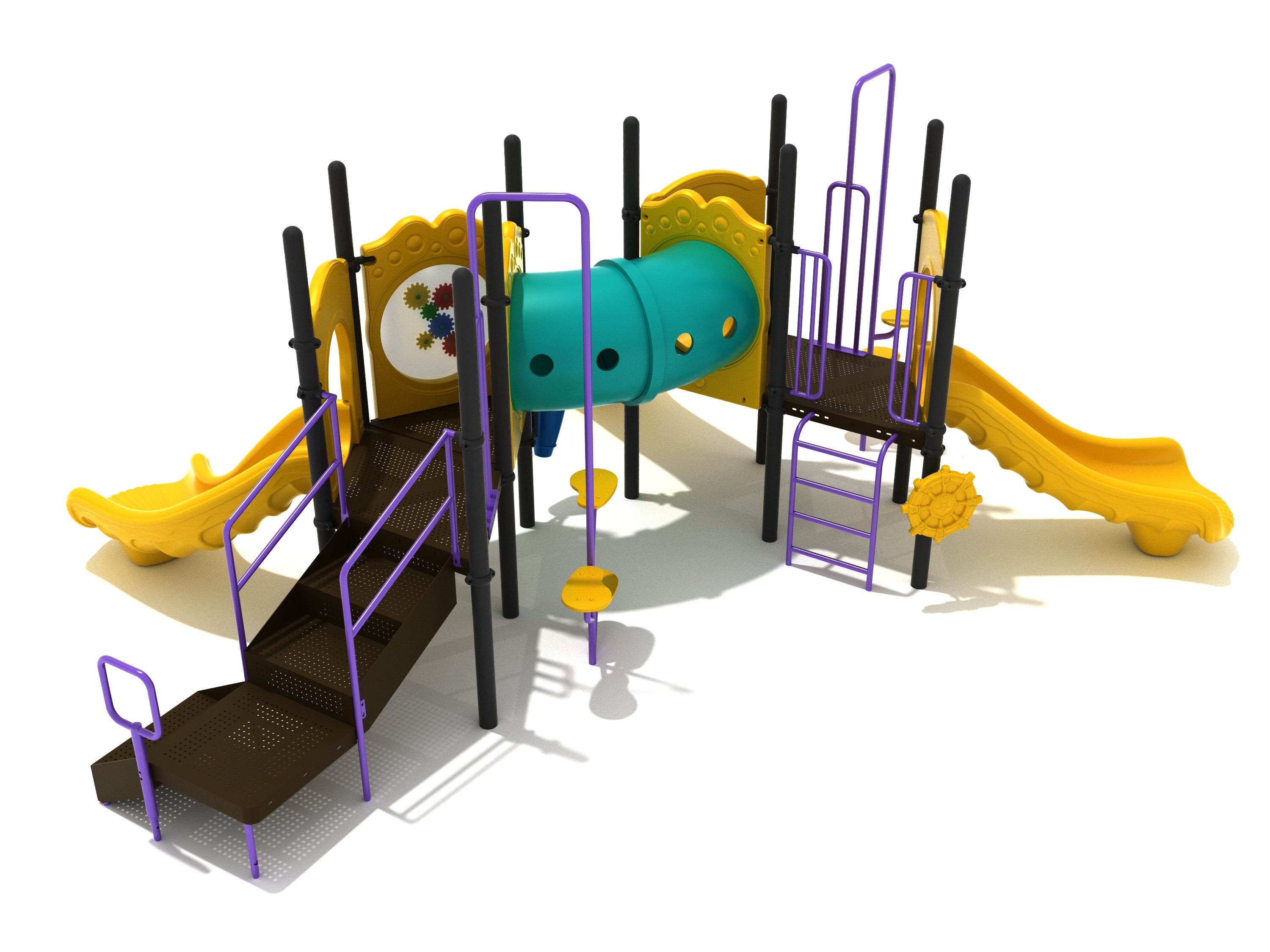 Commercial playground structure with two yellow slides, teal curved tube bridge, purple vertical climbers, gear panel, and ship's wheel