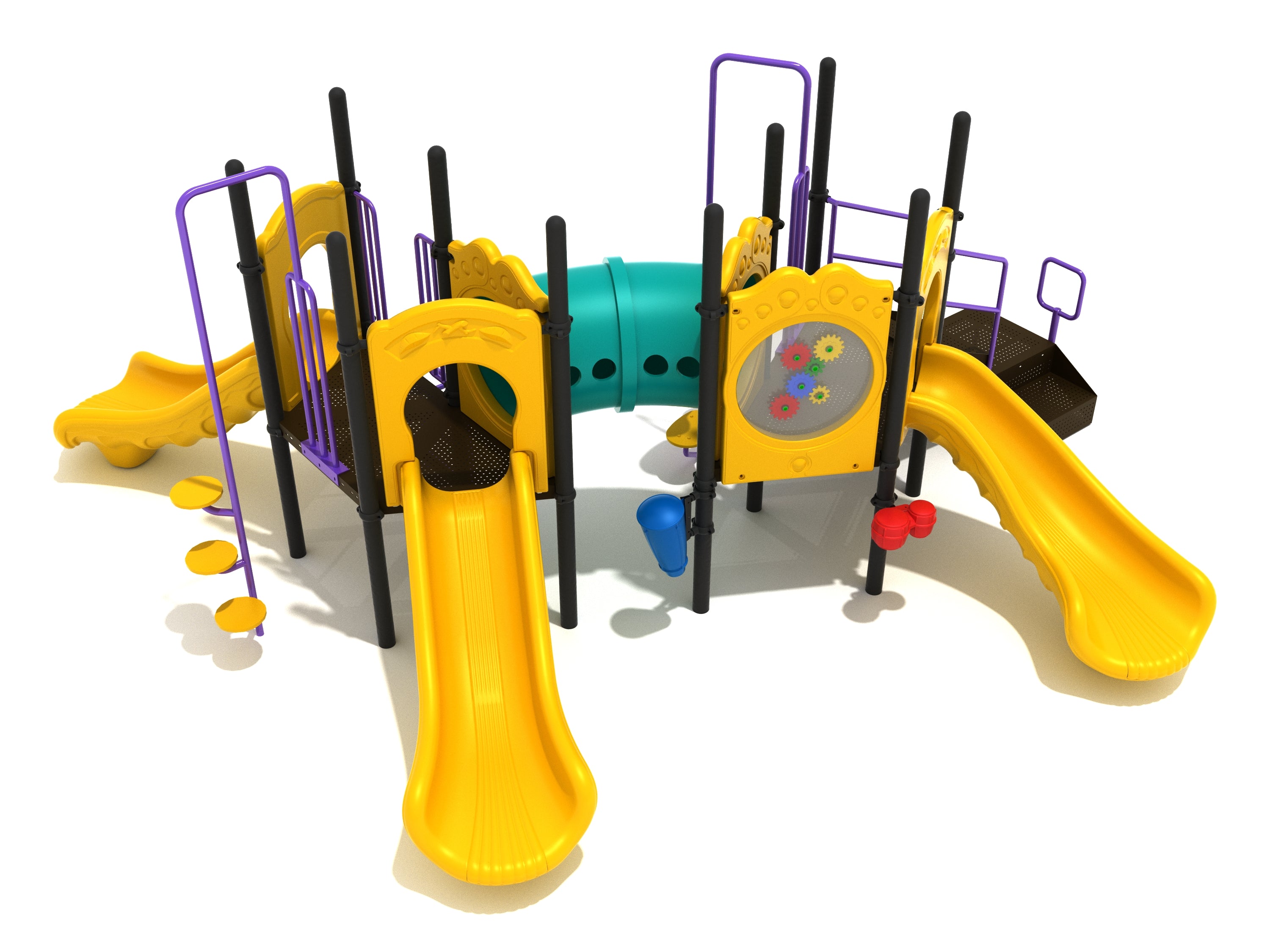 Commercial playground structure with three yellow slides, teal tube bridge, climbers, gear panel, and bongos on black and purple frame