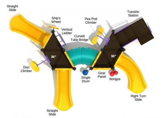 Overhead view of modular playground equipment with three slides, climbers, curved tube bridge, transfer station, gear panel.