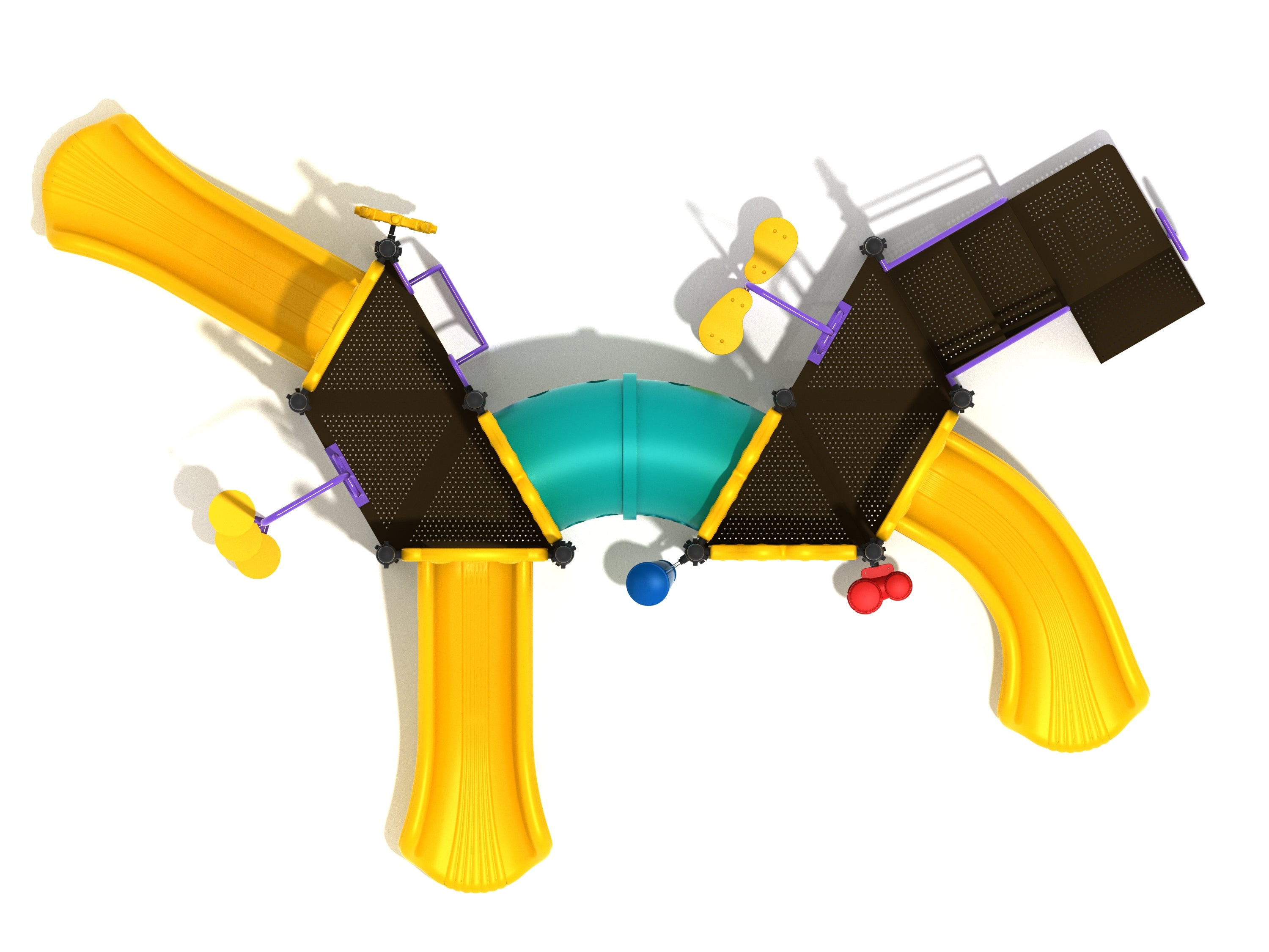 Overhead view of commercial playground with three yellow slides, black platforms, curved blue tube bridge, and colorful activity panels including drums and climbers