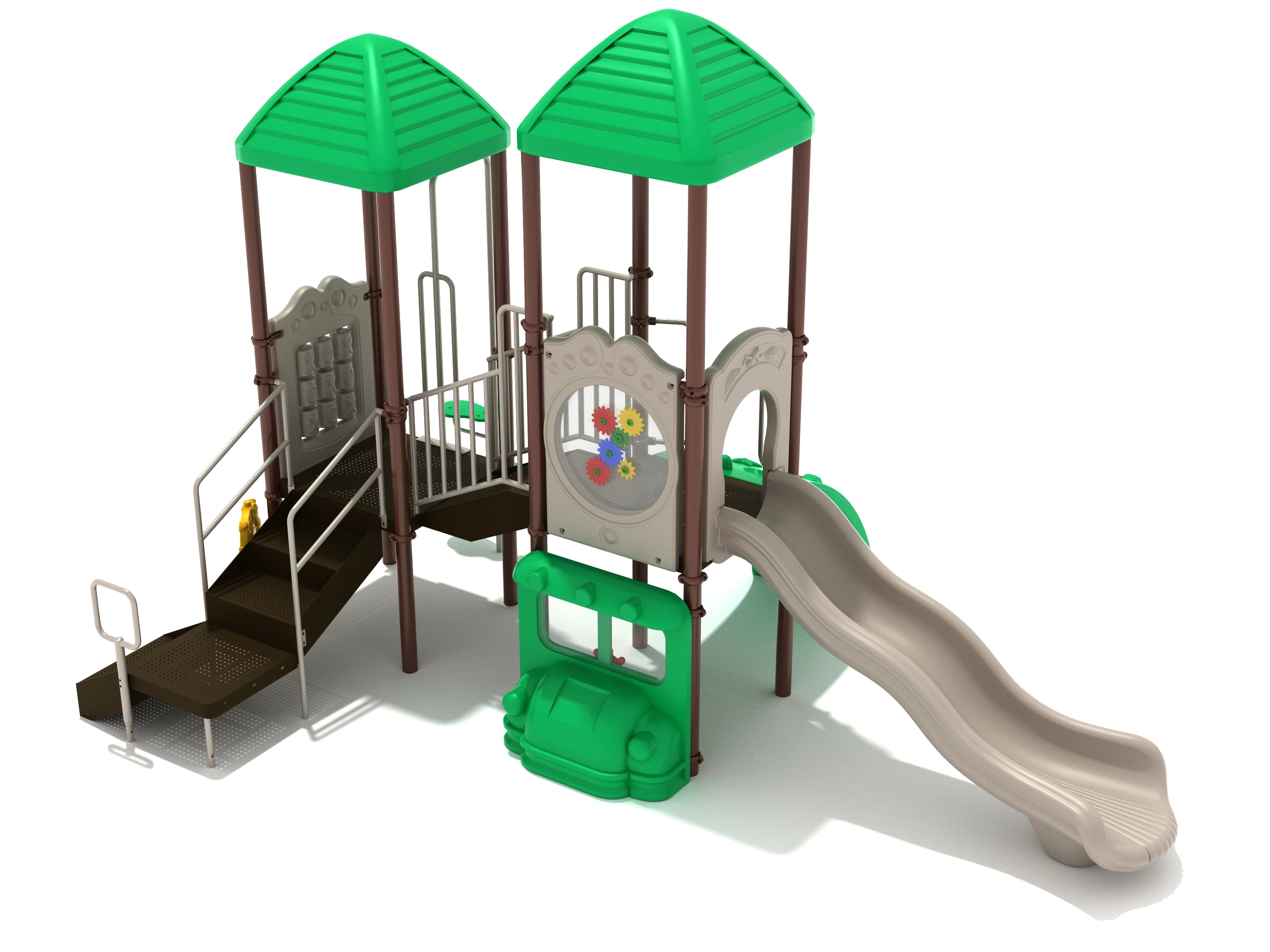 Playground structure with two green peaked roofs, double beige slide, stairs, interactive car panel, and themed climbers.