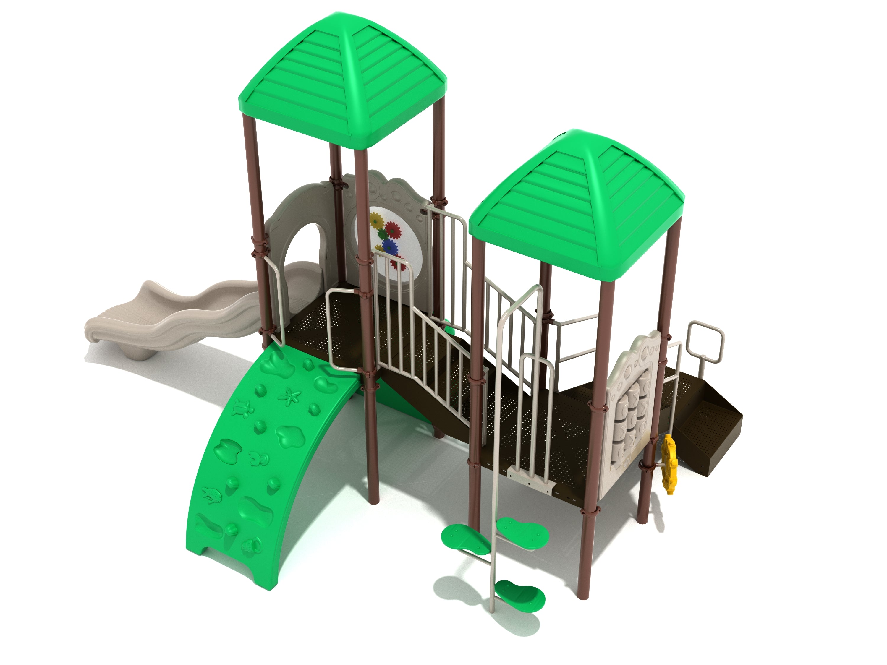 Playground structure with two green peaked roofs, wave slide, curved nautical-themed climber, and interactive gear panel.