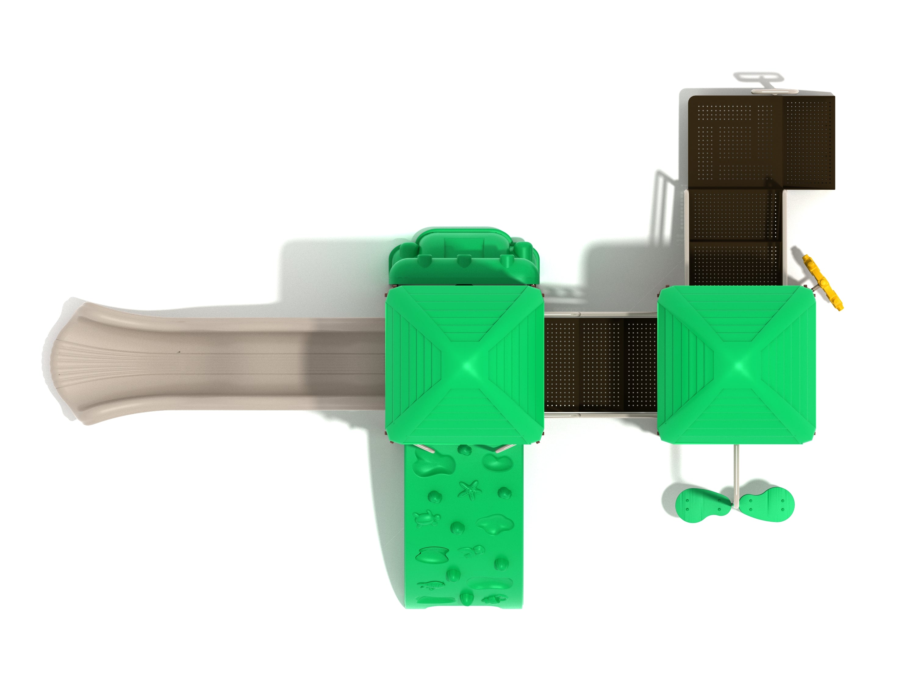 Overhead view of playground structure with green roofs, beige slide, sea creature-themed climbing wall, and connected platforms