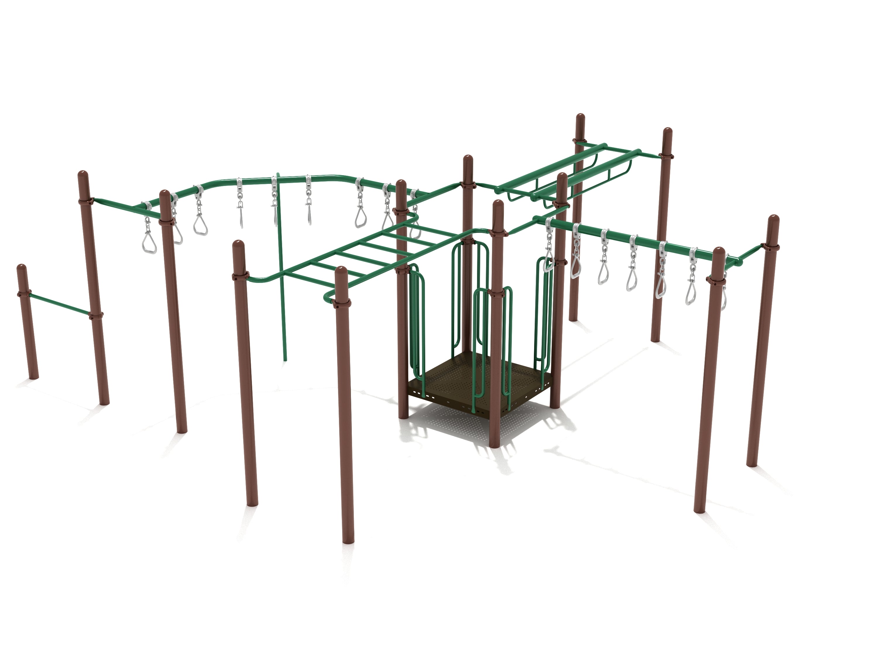 San Mateo Fitness Course Playground with brown posts, green overhead climbers including ladders and swinging rings, central platform