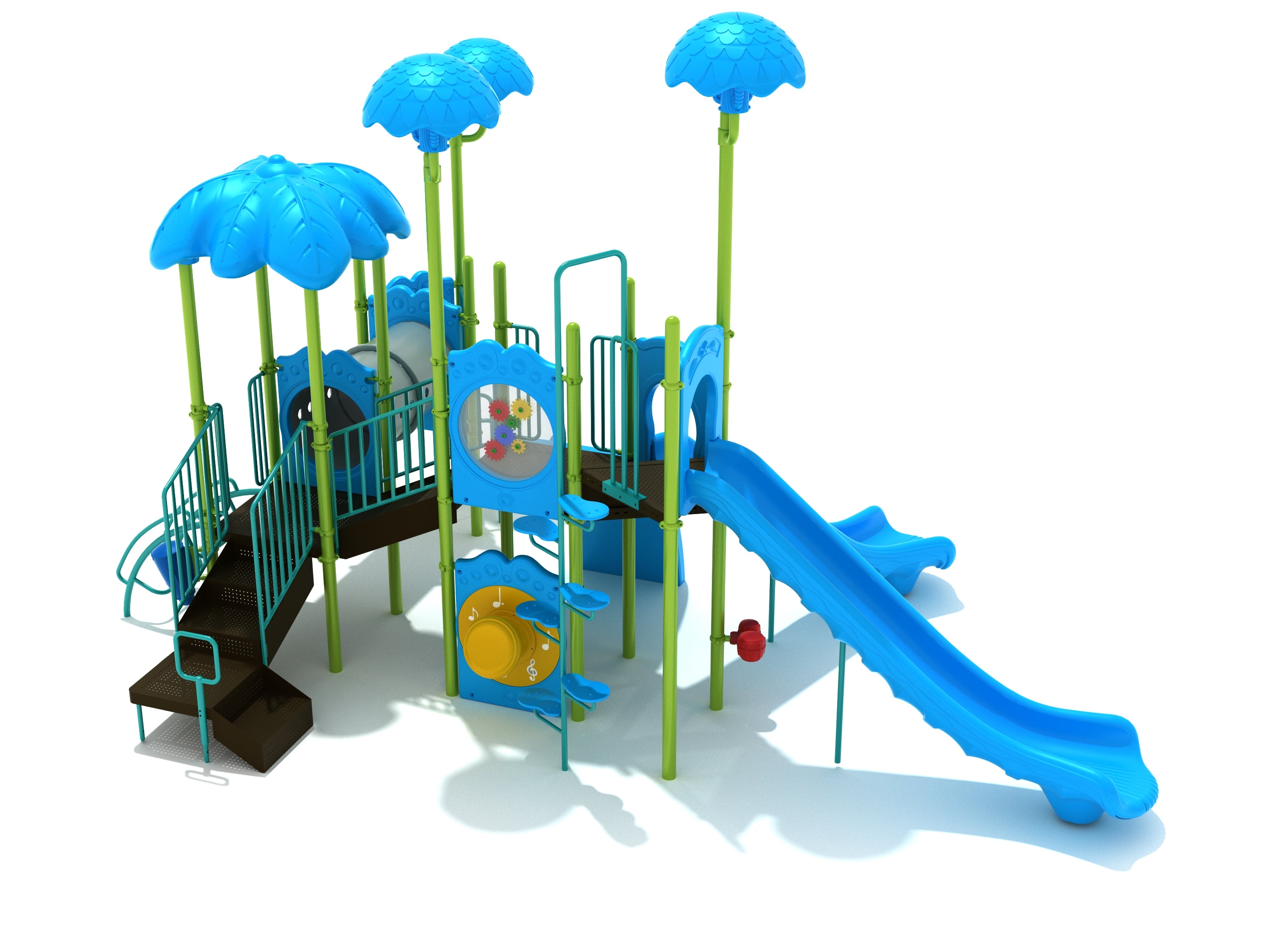 Colorful playground with blue slides, tube tunnel, climbing panels, vertical ladder, and green support poles topped with blue canopies