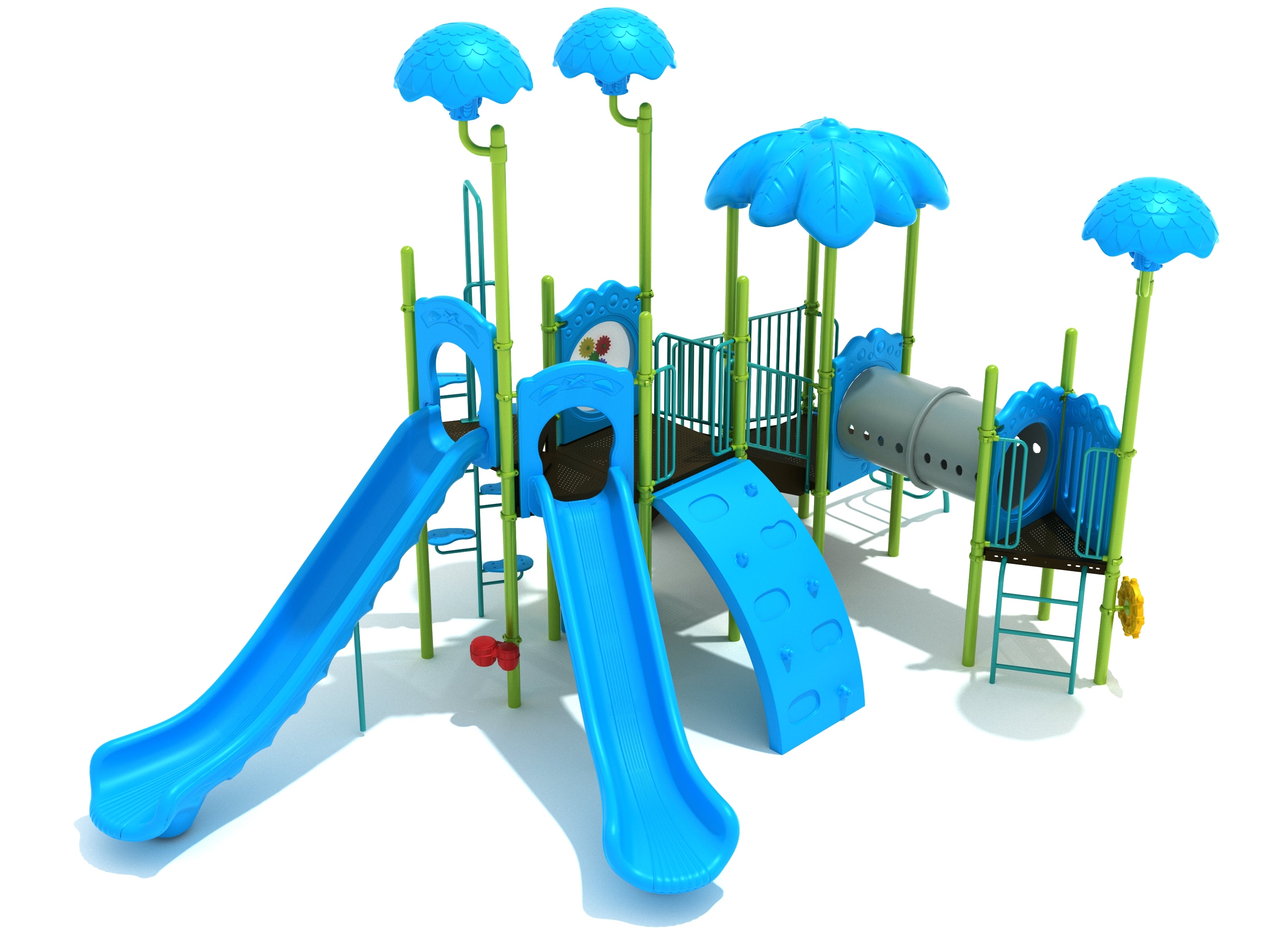 Santa Barbara Playground large play system with blue slides, climbing wall, tube bridge, and green posts topped with blue leaf canopies