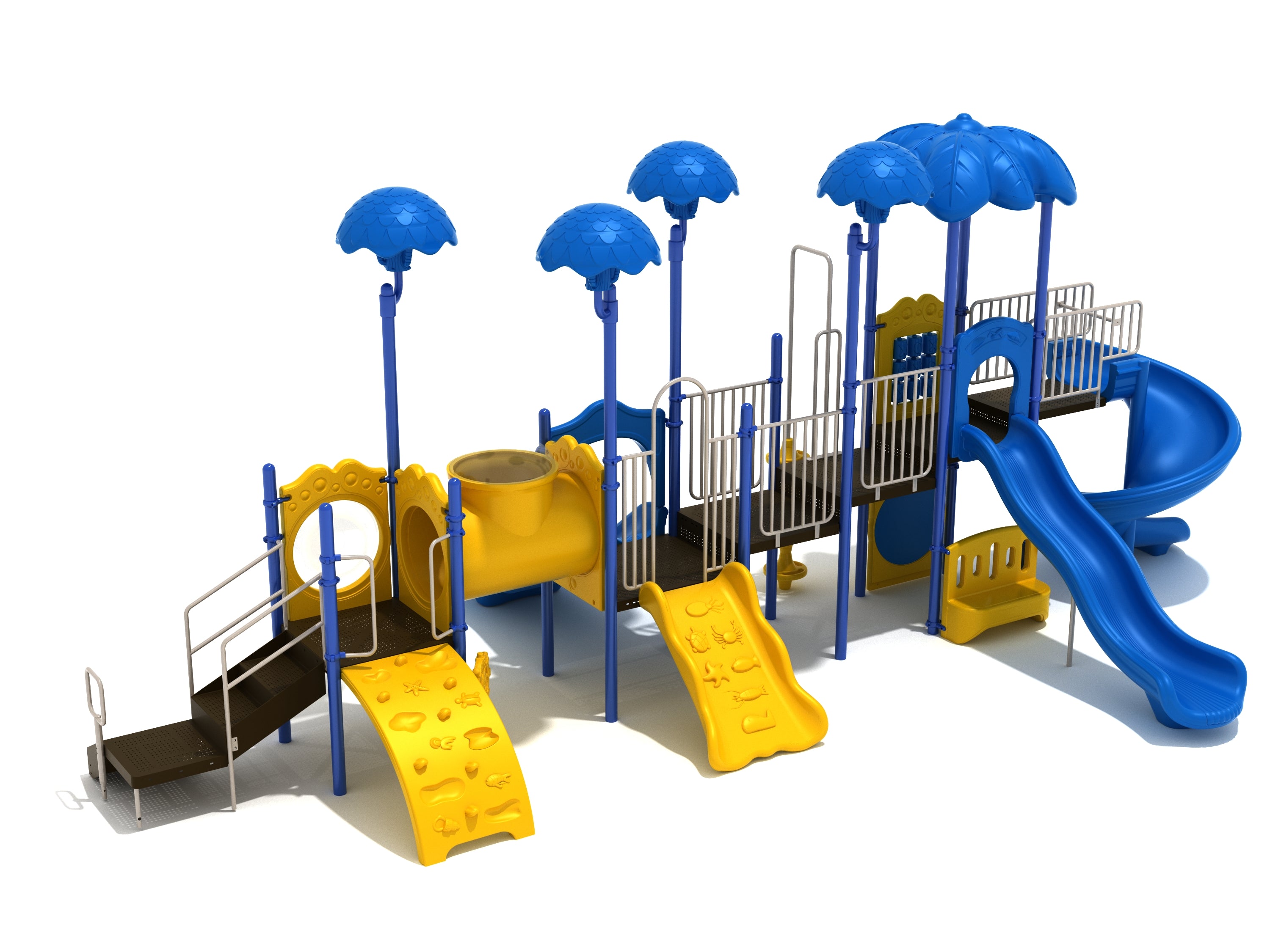 Overland Park Playground with blue canopies, yellow climbing panels, tube bridge, double and spiral slides in primary colors