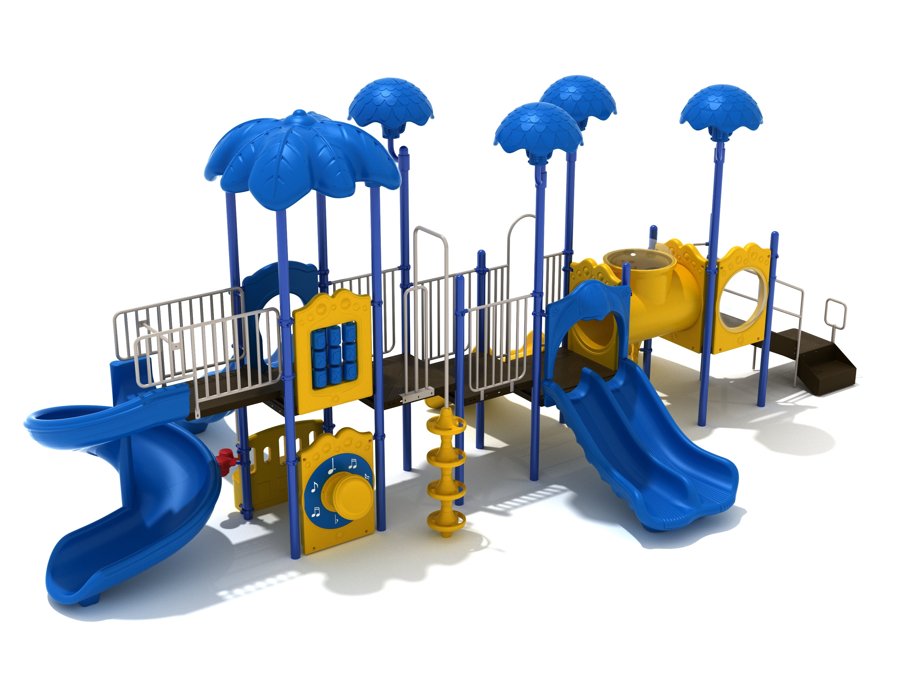 Colorful playground with blue canopy roofs, tube bridge with windows, double slides, activity panels, and spiral slide