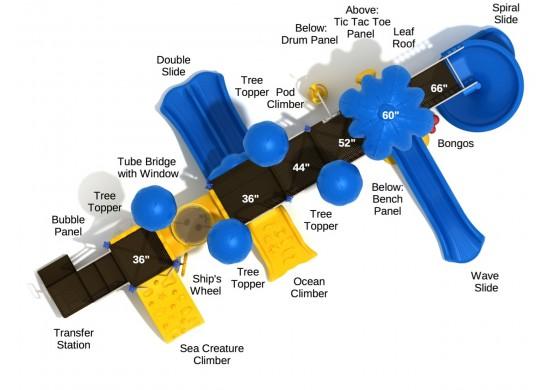 Overhead view of colorful playground with slides, climbers, tube bridge, bubble panel, tic-tac-toe panel, and spiral slide