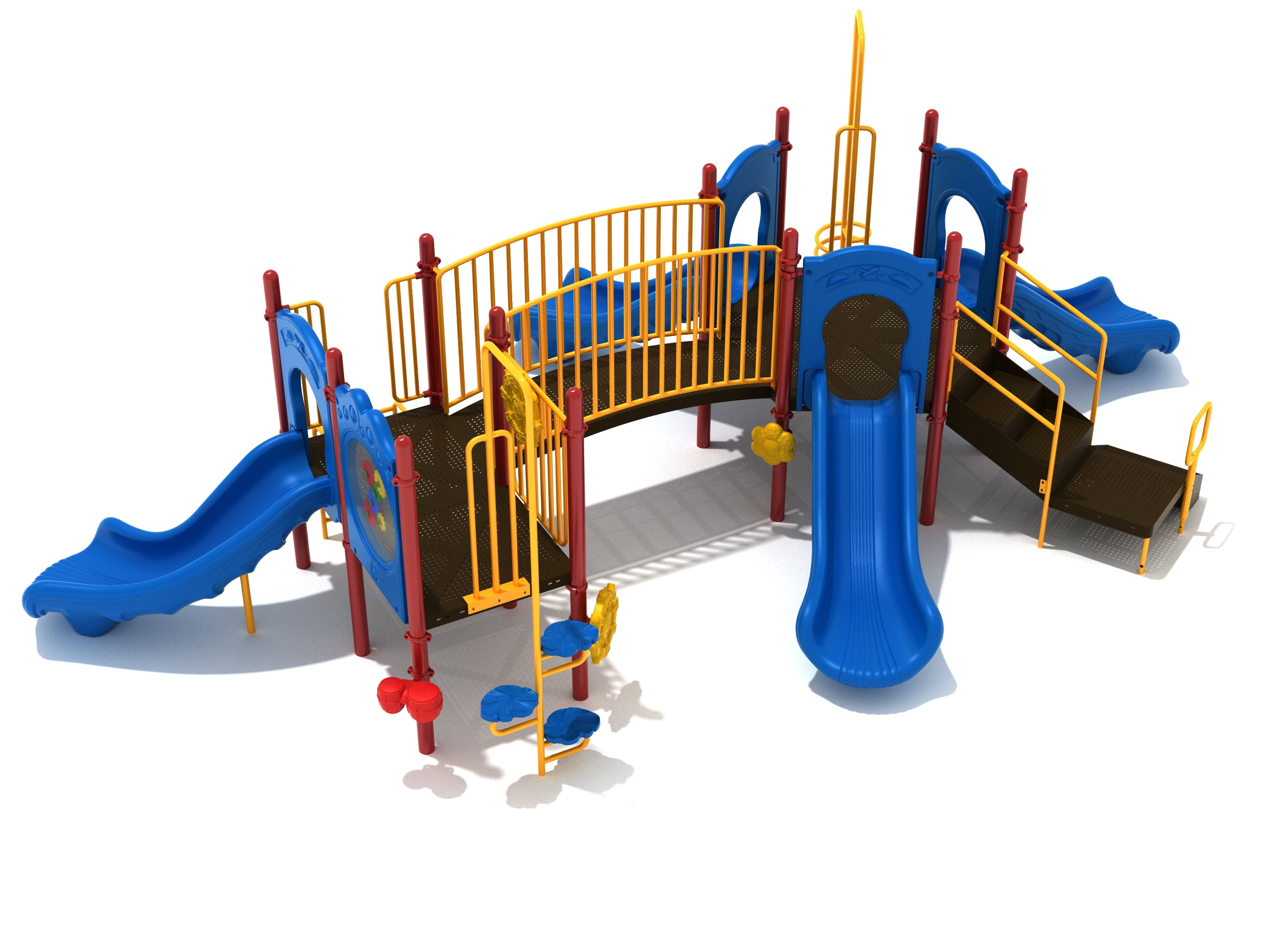 Eugene Playground with hexagon deck, three straight slides, climbing steps, Ship's Wheel, Gear Panel, and interactive musical elements in primary colors
