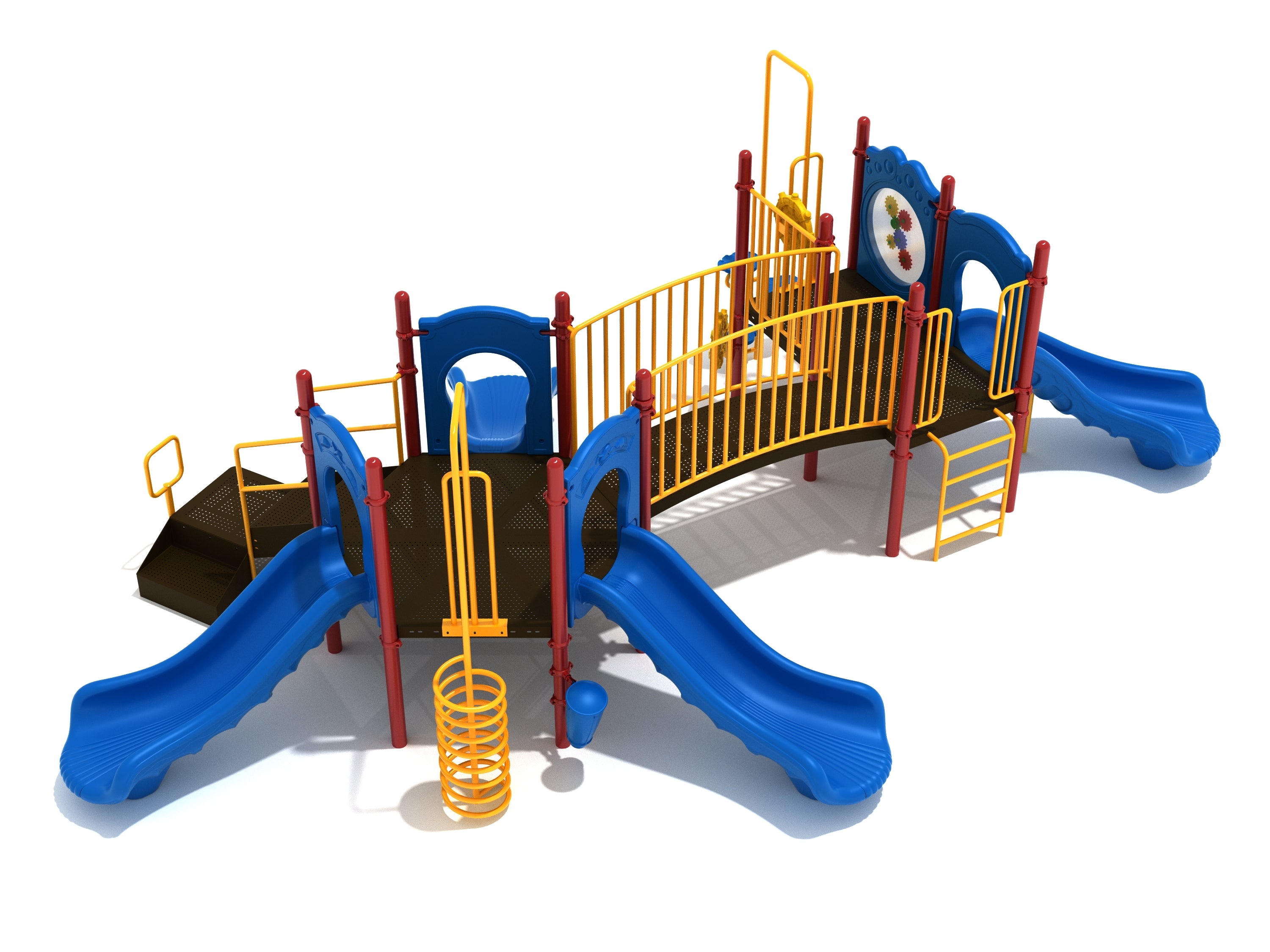 Colorful playground with multiple blue slides, yellow railings, climbing elements, interactive gear panels, and musical drums.