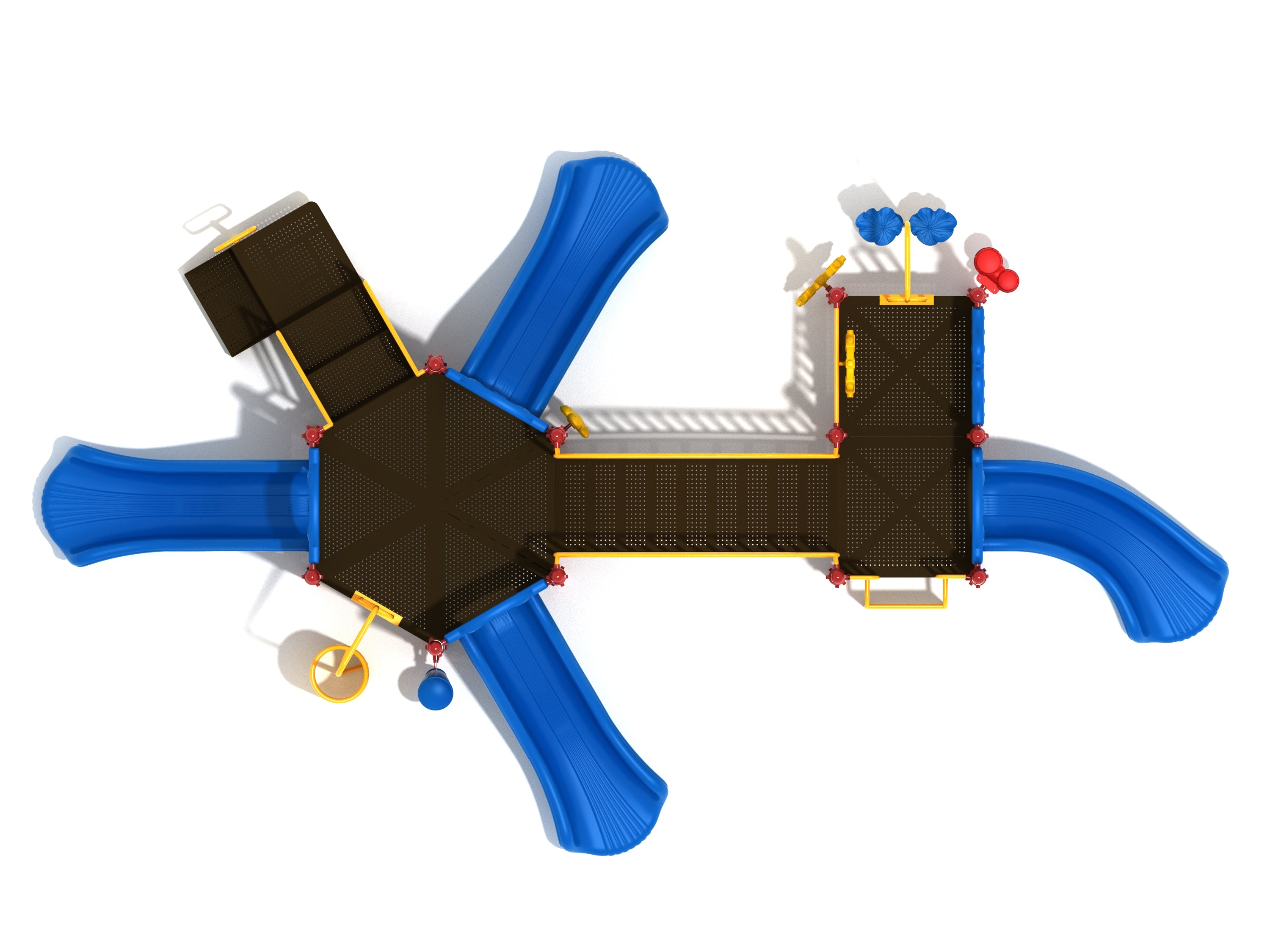 Overhead view of a large playground with multiple blue slides, climbing elements, interactive gear panels, and musical drums