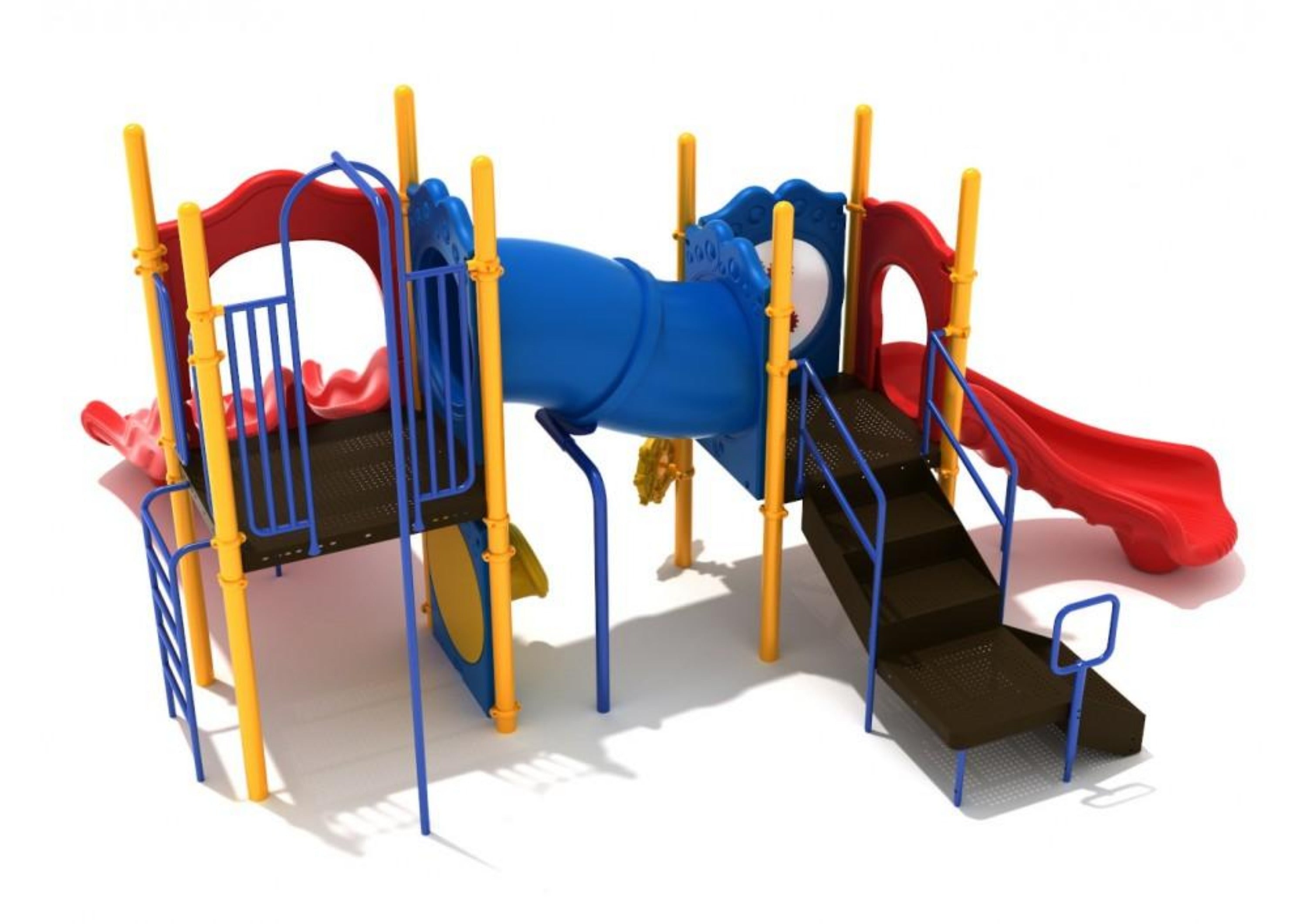 Colorful playground structure with two red slides, blue tube bridge, yellow posts, black platforms, and play panels