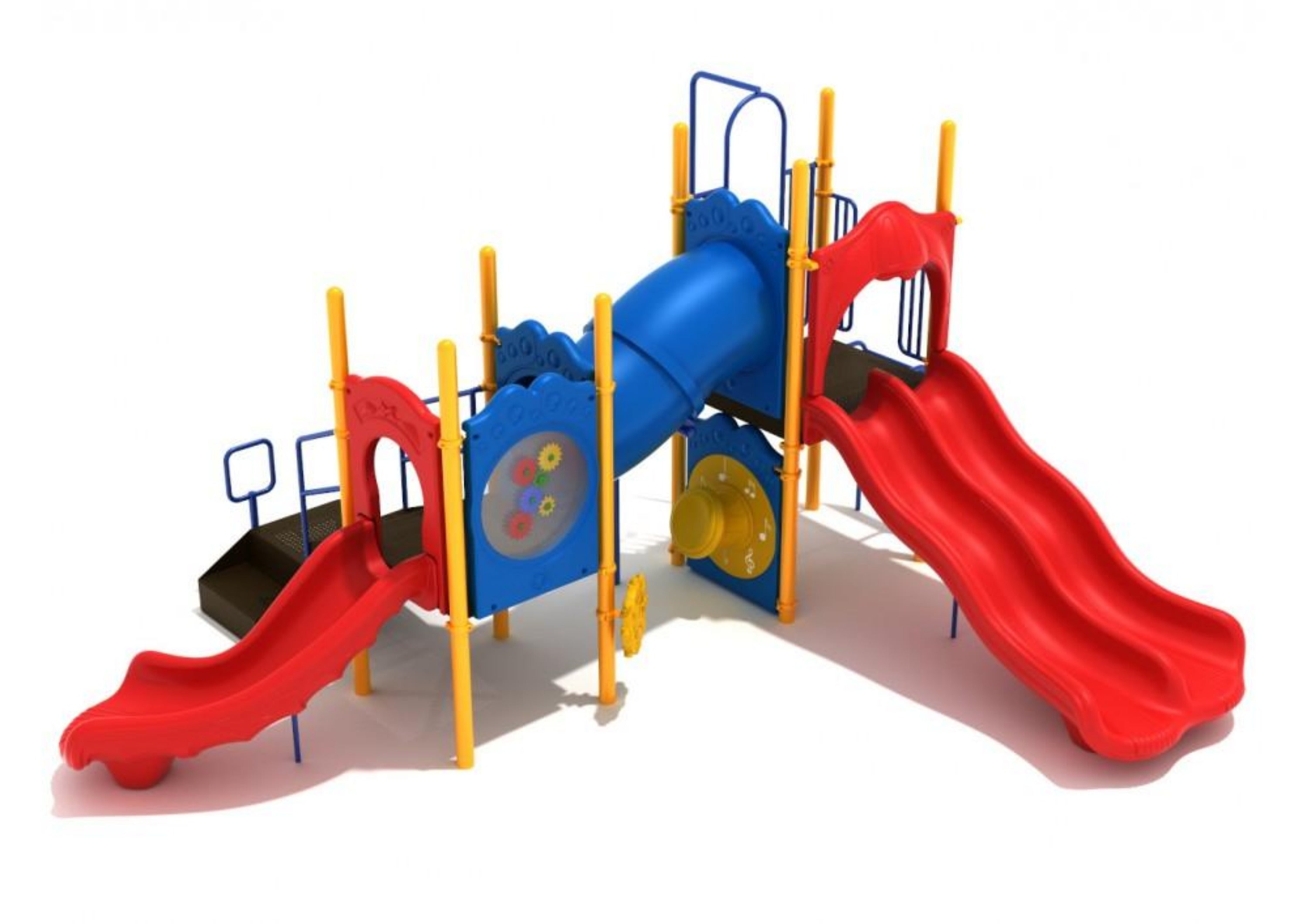 Colorful playground structure with two red slides, blue tube bridge, yellow support poles, gear panel, ship’s wheel, and drum.