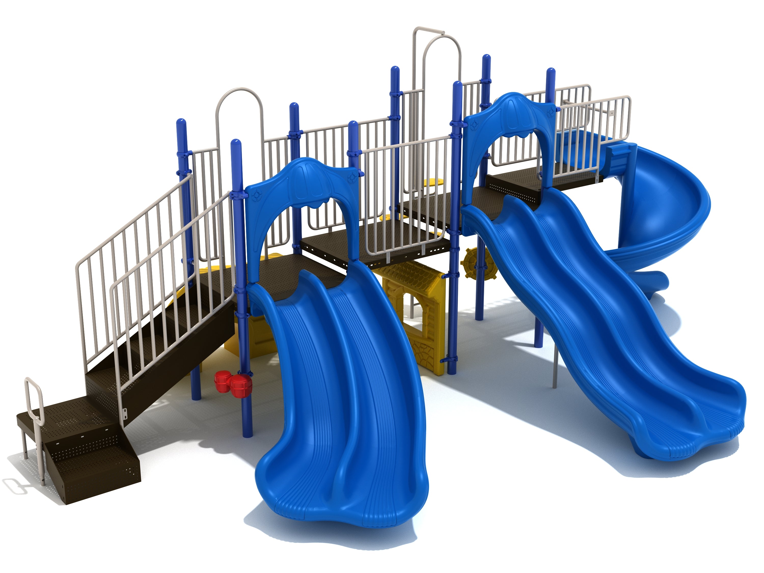 Outdoor playground structure with three blue slides, elevated platforms, stairs, and interactive play panels including wheels and drums.