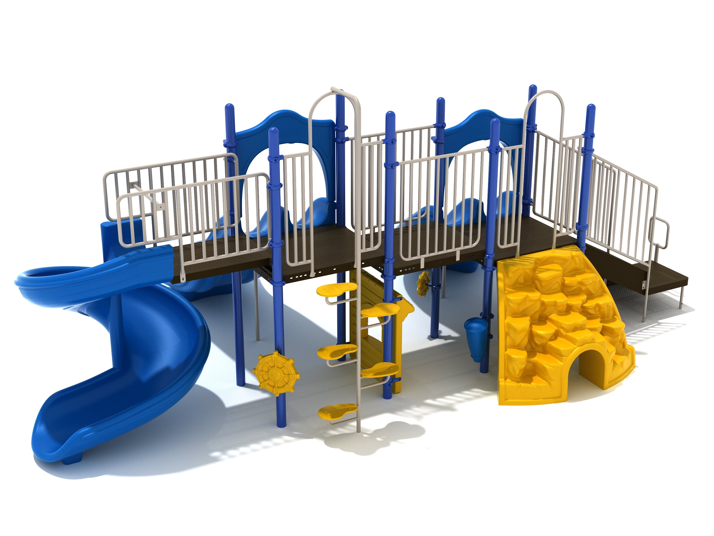 Fargo Playground with blue spiral slide, yellow rock climber, multiple platforms, and interactive play panels including drum and ship's wheel