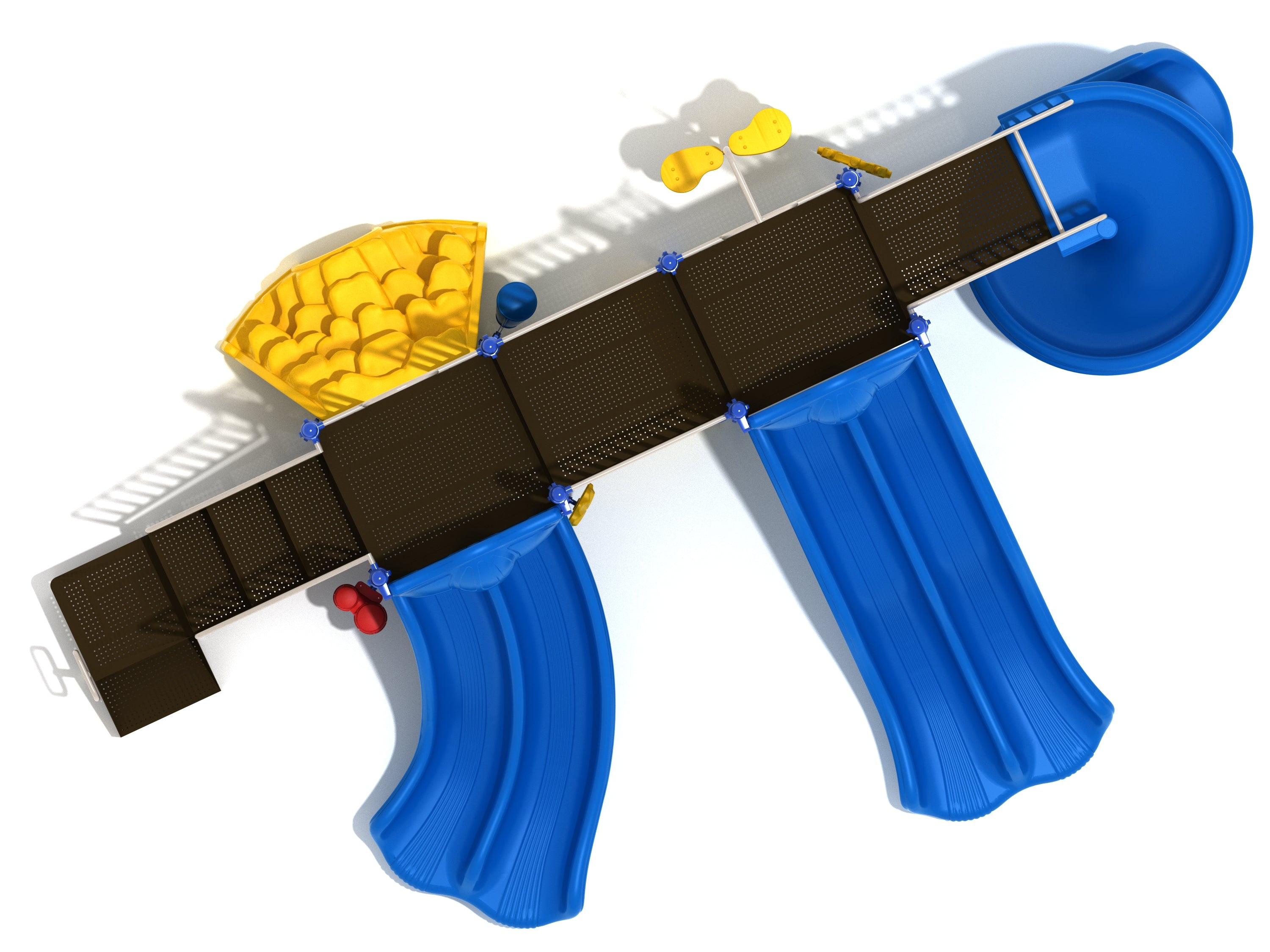 Overhead view of a large playground with three blue slides, yellow climbing features, and interactive play panels