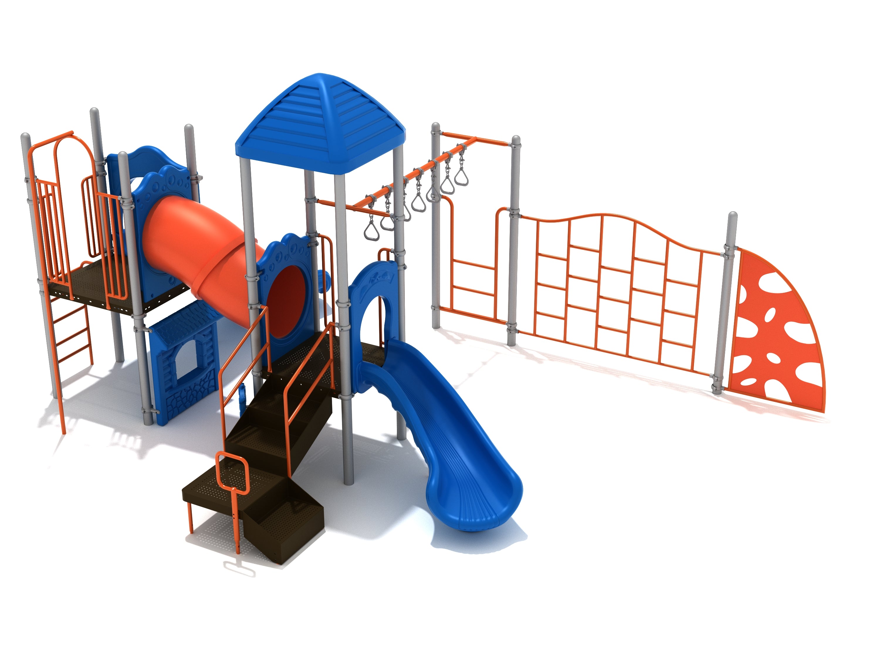 Ventura Playground featuring blue and orange play structure with slides, climbing walls, overhead swinging rings, and tube bridge