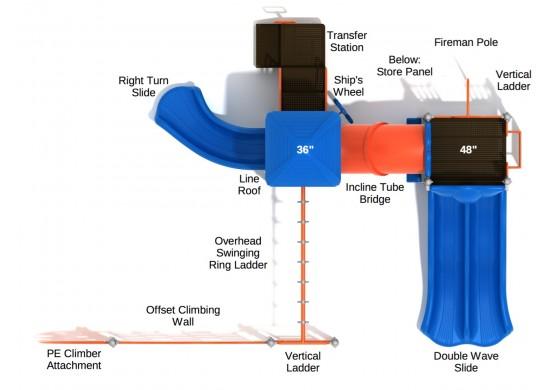 Overhead view of colorful playground with slides, climbing walls, ladders, tube bridge, and play panels