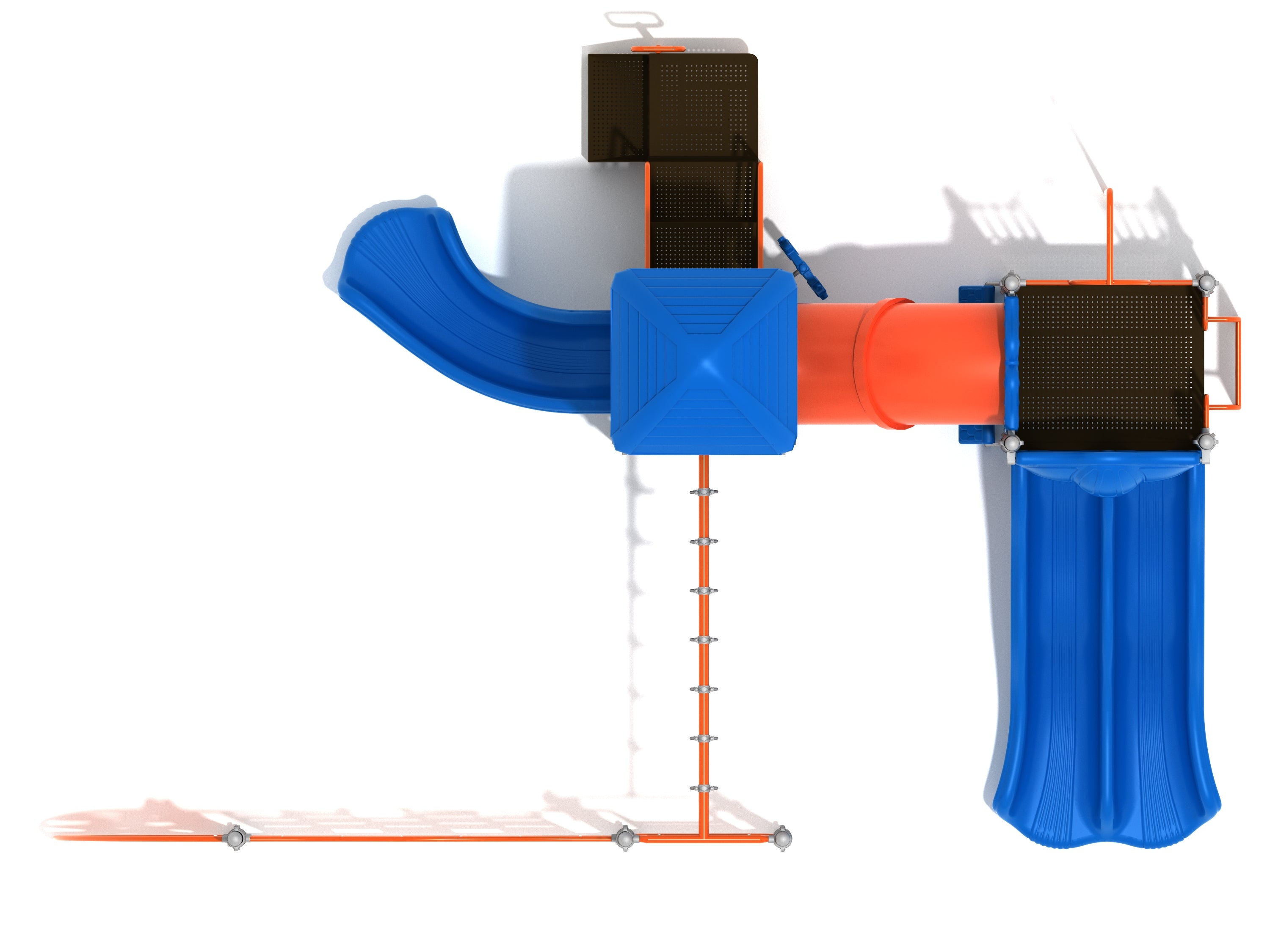 Overhead view of colorful playground with blue slides, orange tube bridge, climbing wall, platforms, and play panels