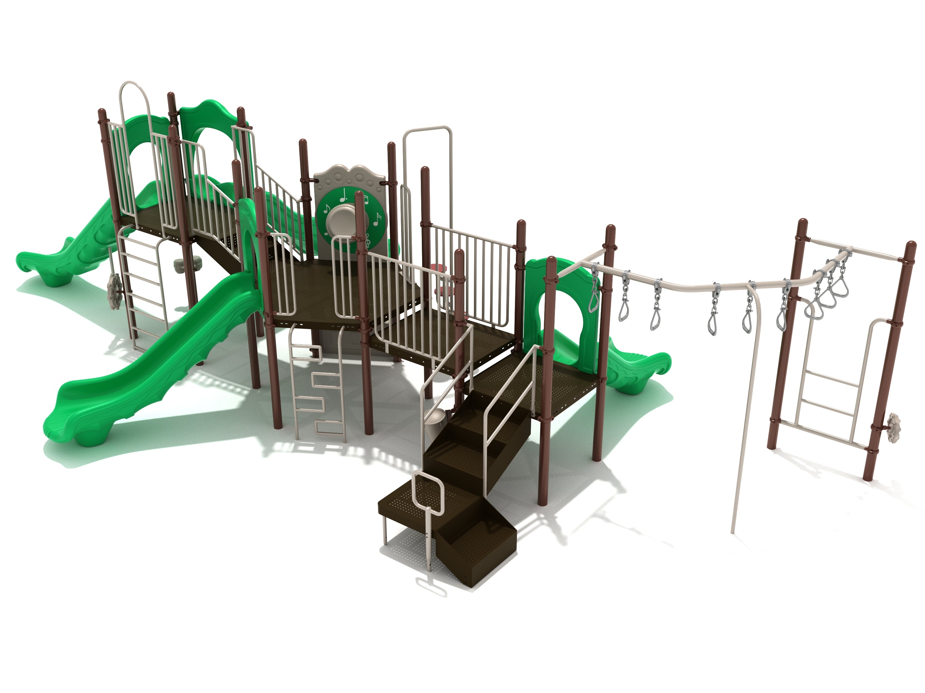 Santa Monica Playground large play system with green slides, climbing ladders, overhead rings, and interactive panels on white background