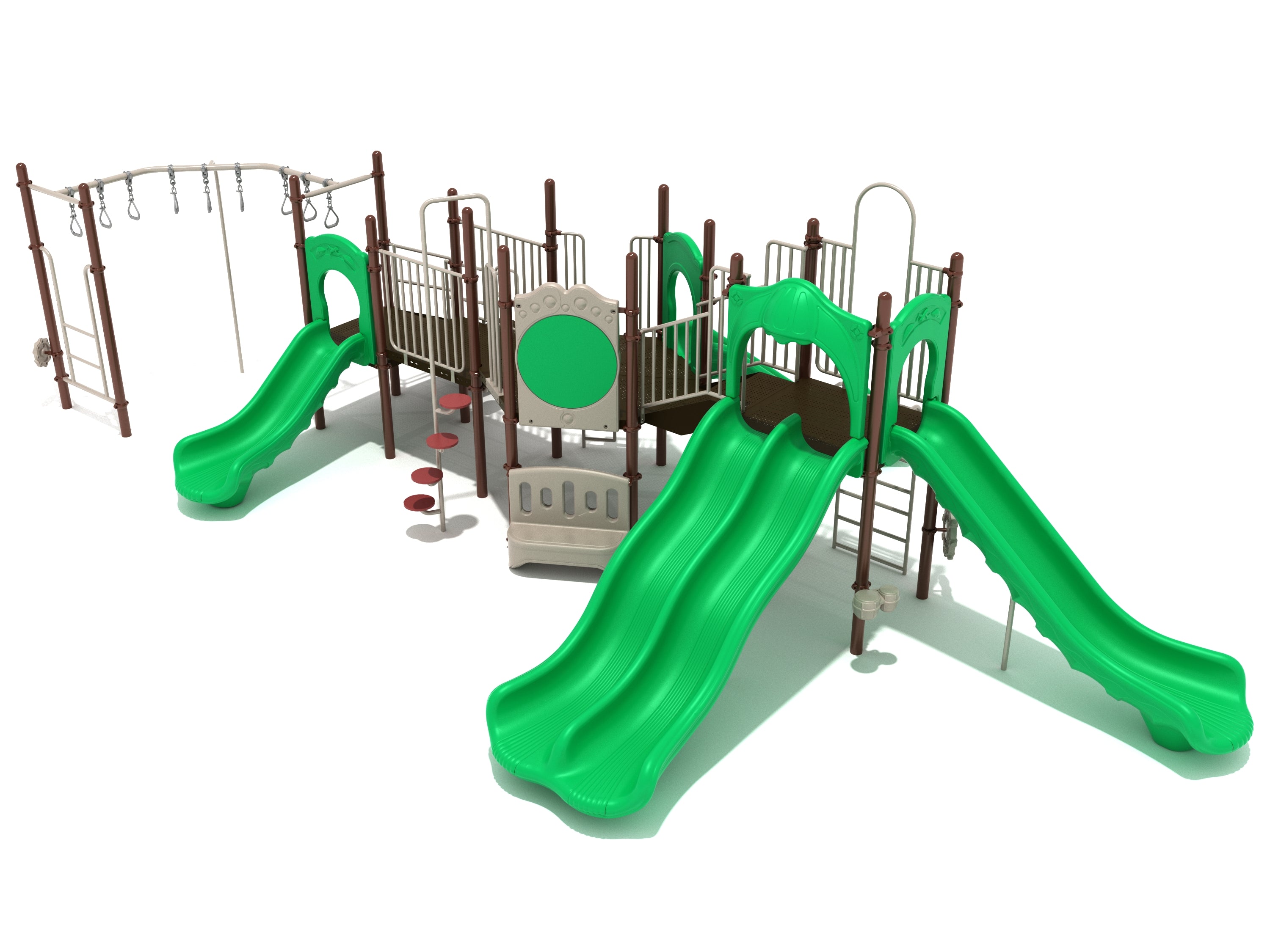 Commercial playground set in green and tan with double wave slide, straight slides, monkey bars, ladders, and stepping pods.