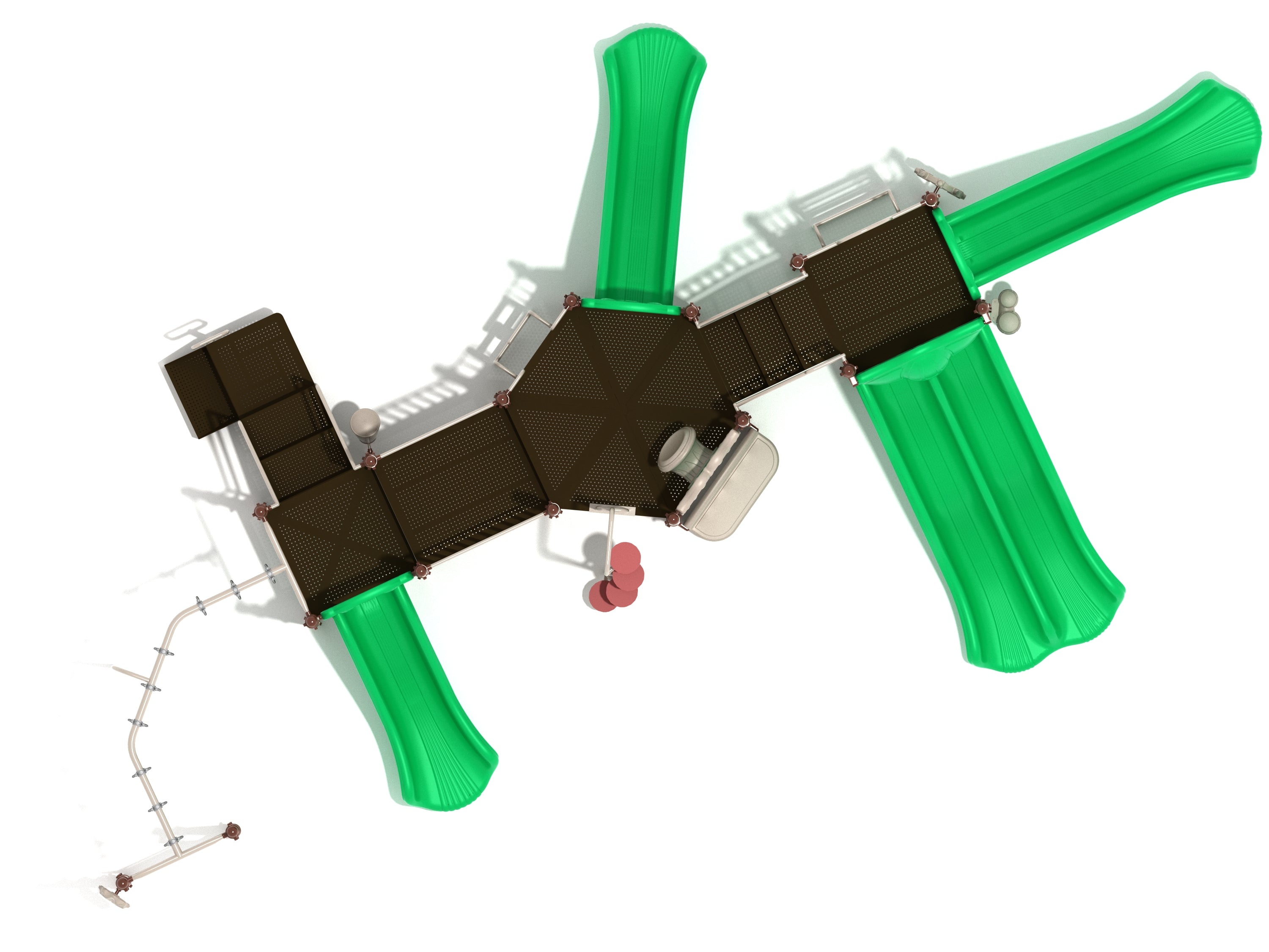 Overhead view of a large playground with multiple green slides, brown platforms, climbing ladders, and interactive play panels
