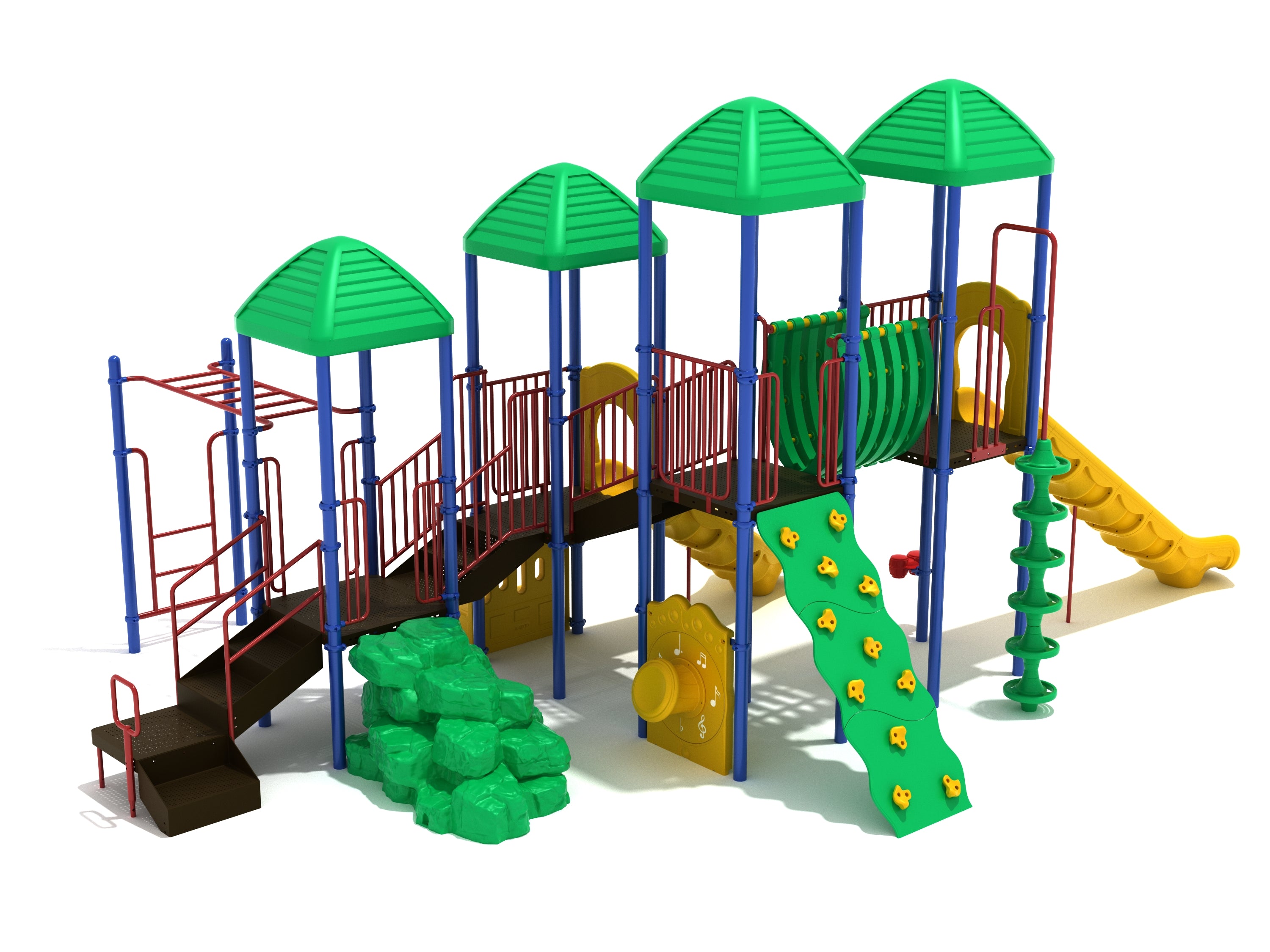 Greenville Playground large play system with green roofs, climbing wall, slides, rock climber, musical panels, and shaded platforms