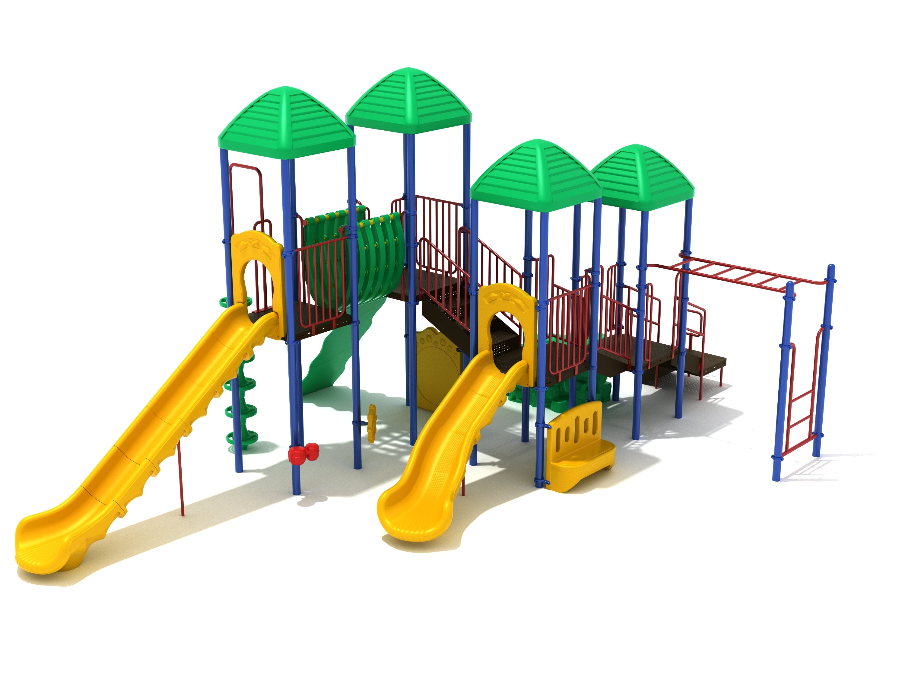 Commercial playground set with roofed towers, dual yellow slides, tube bridge, monkey bars, pod climber, ADA play panels
