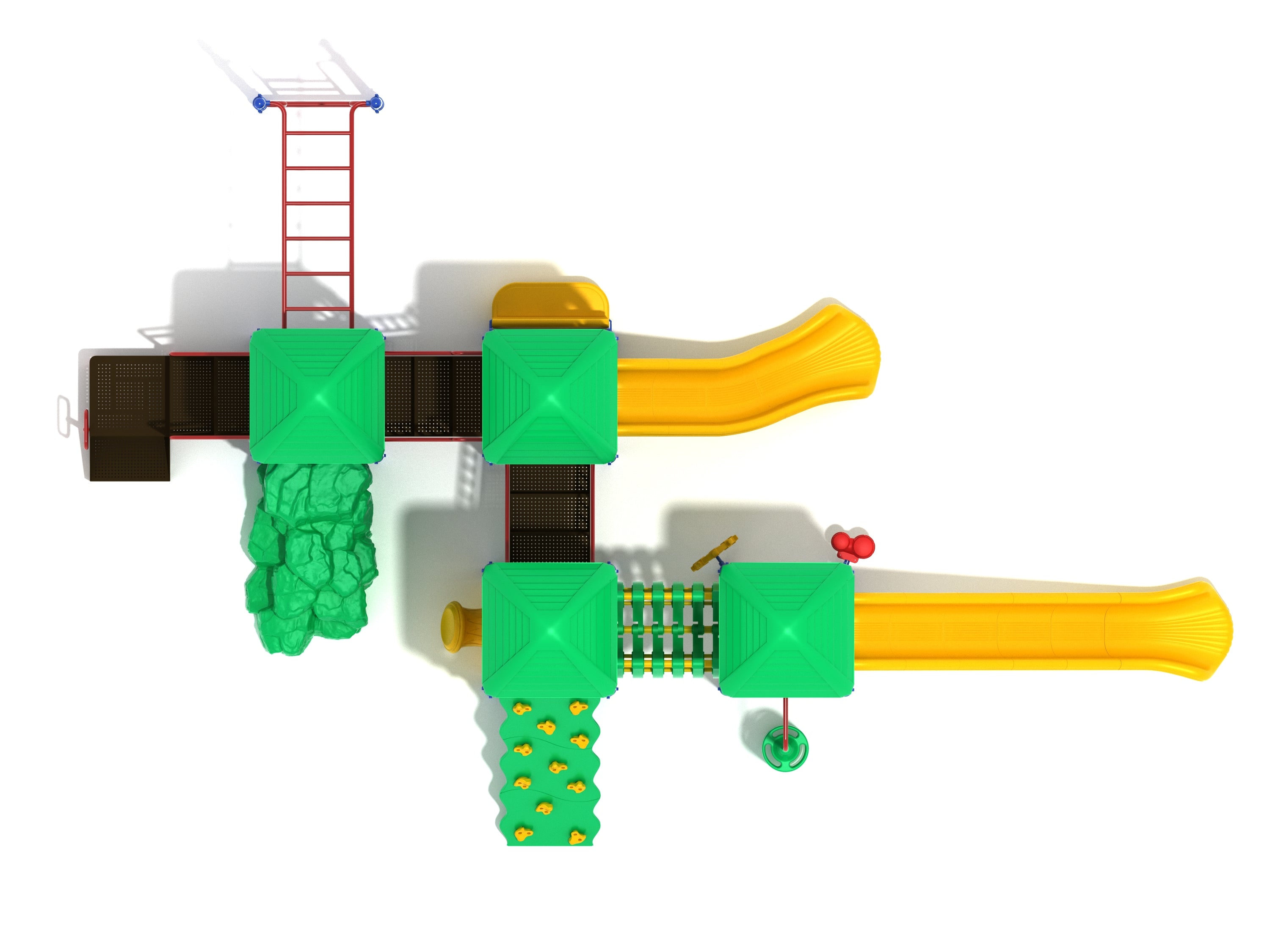 Overhead view of commercial playground with shade roofs, yellow slides, boulder climber, monkey bars, ship wheel, bongos