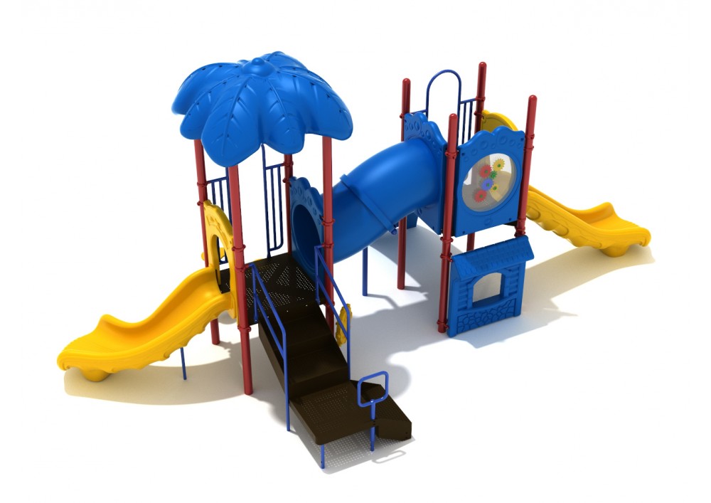 Provo Playground with blue palm frond roof, yellow straight slide, blue inclined tube slide, and interactive gear panel play system