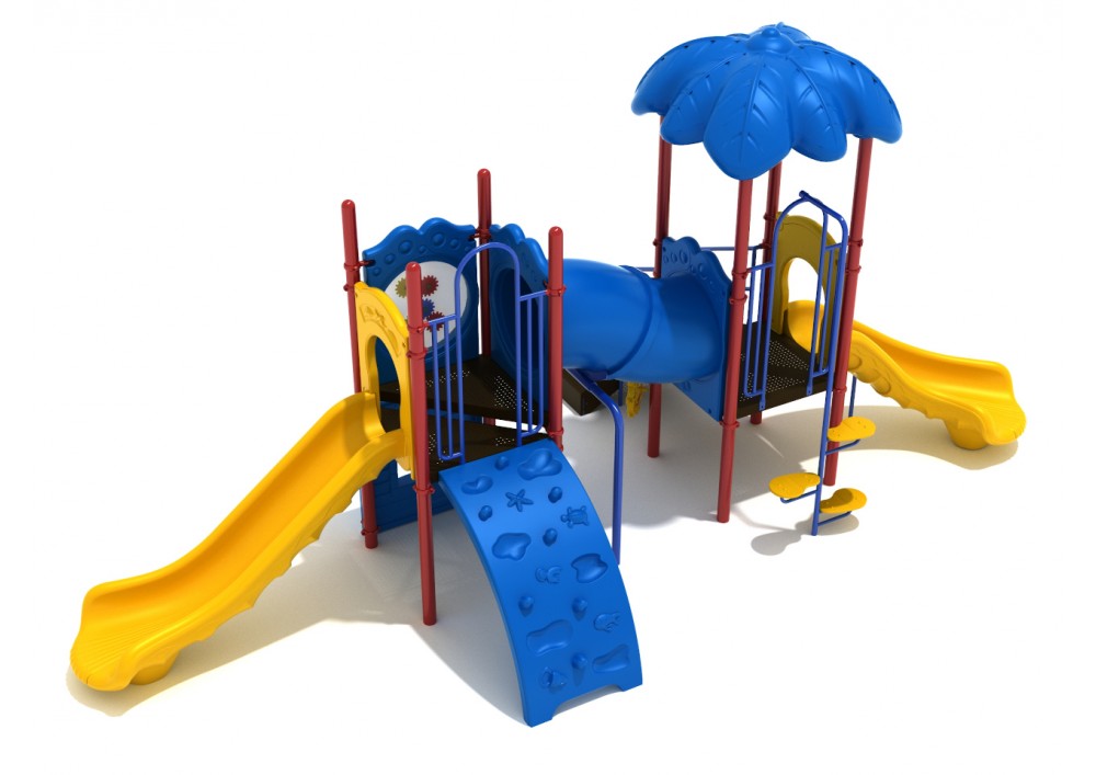 Colorful playground with yellow slides, blue climbing wall, tube bridge, and palm frond canopy in tropical design
