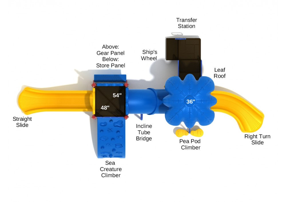 Overhead view of colorful playground with slides, tube bridge, climbers, ship’s wheel, and shaded palm frond roof