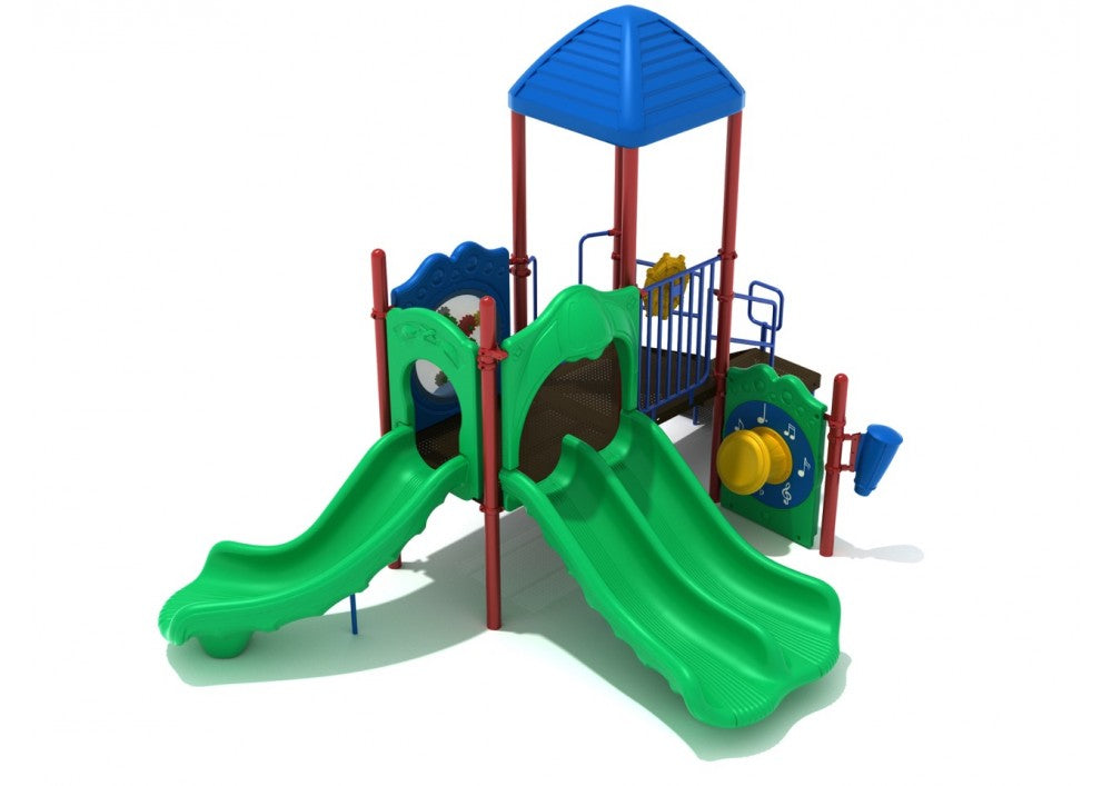 Lincoln Playground with blue roof, red posts, green double and single slides, interactive play panels, and climbers