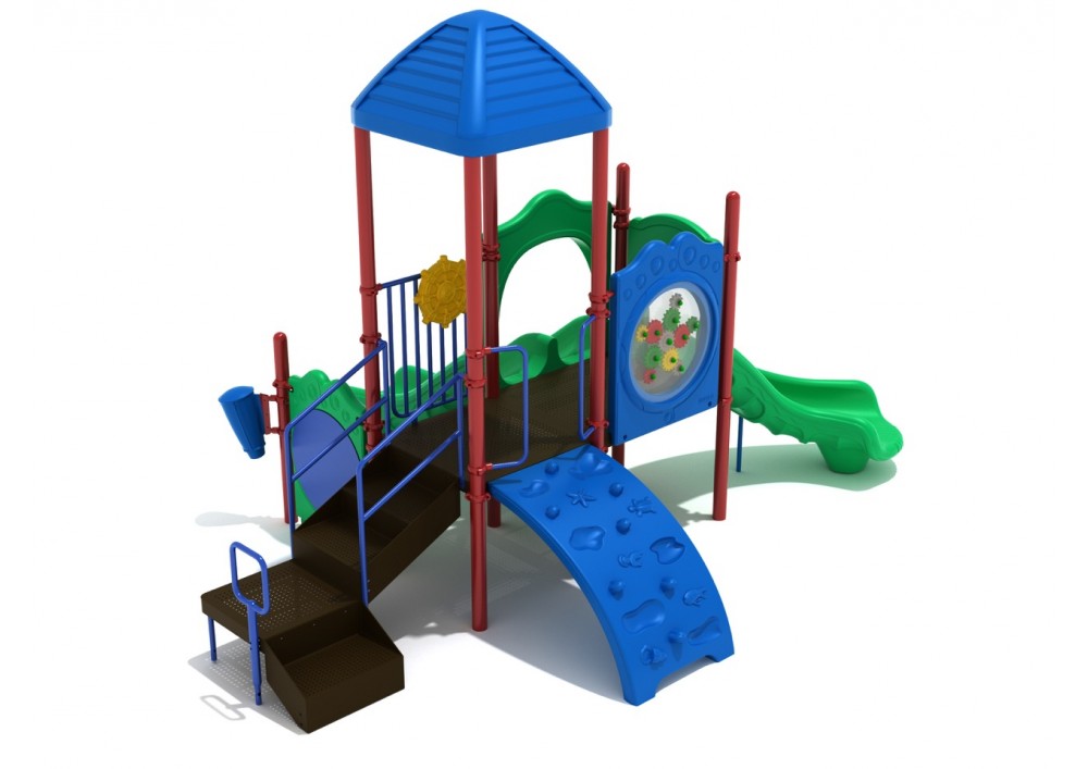 Compact playground structure with blue roof, red posts, green slides, climbing wall, gear panel, and stairs for active play