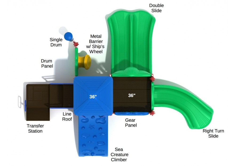 Overhead view of colorful playground with double slide, right turn slide, sea creature climber, gear panel, drums, and shaded platforms