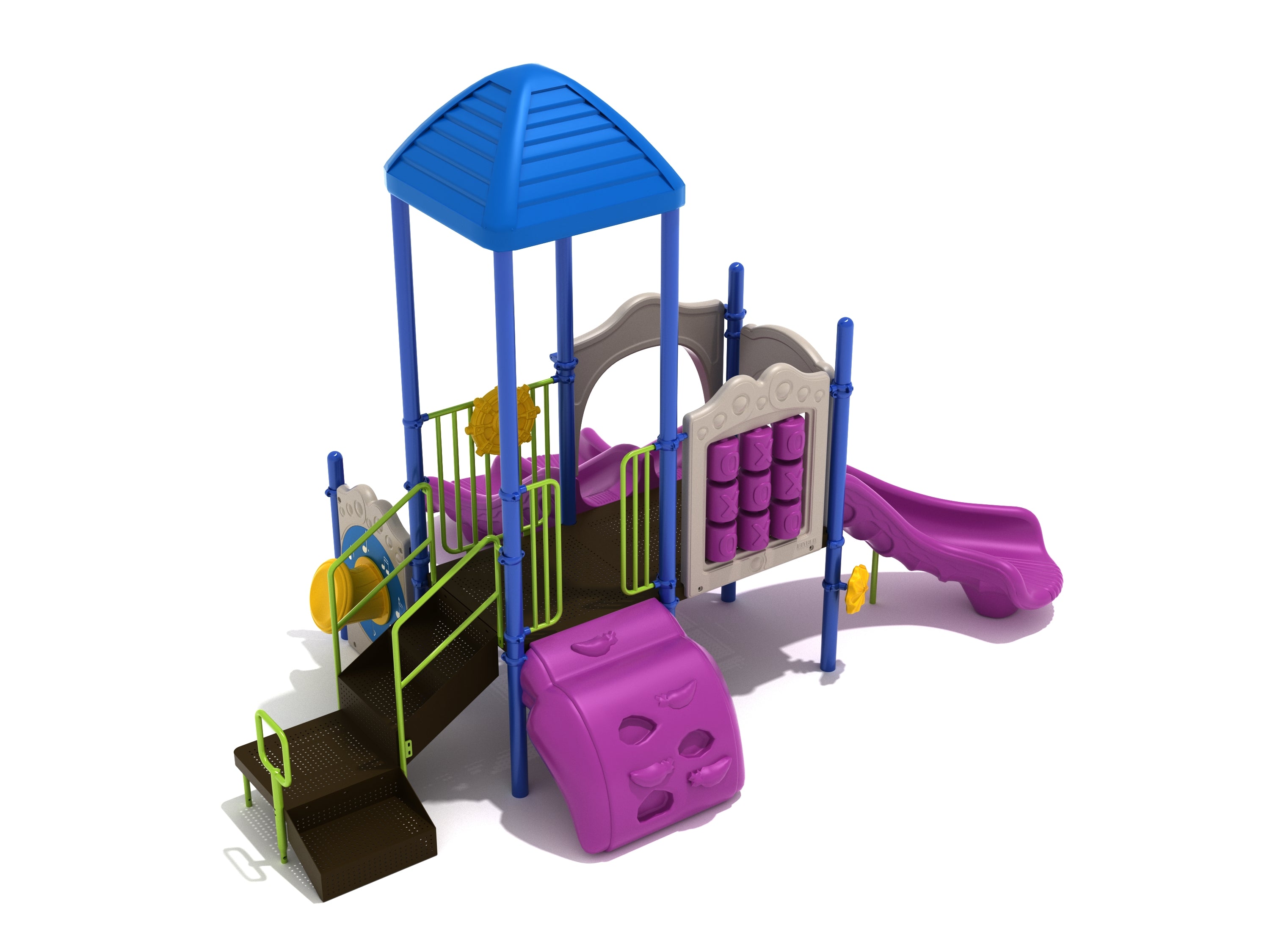 Colorful kids' playground with blue pyramid roof, purple slides, tic-tac-toe panel, climbing wall, and interactive play features