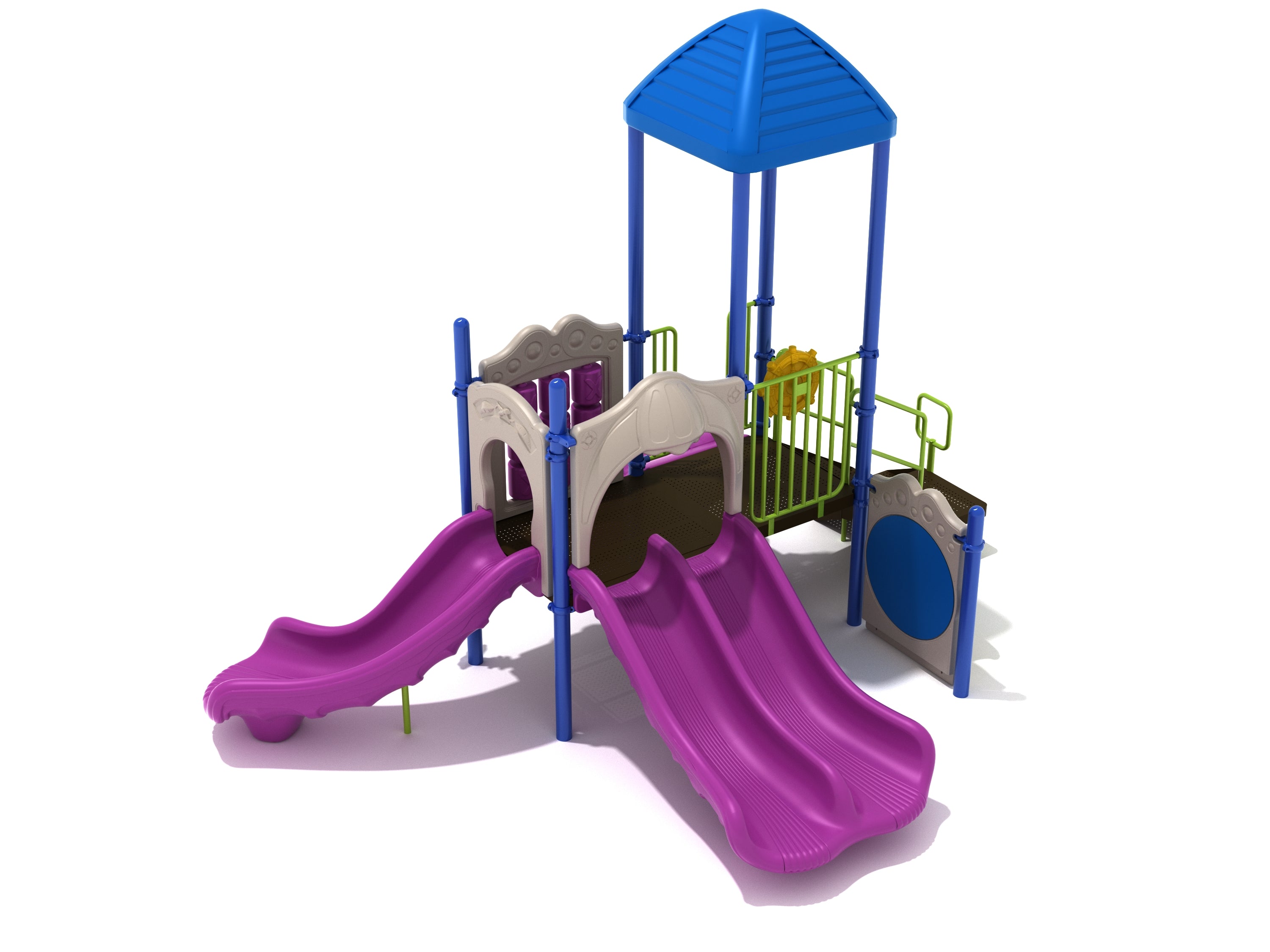 Playground structure with blue pyramid roof, purple slides, green railings, interactive panels, and climbing features for children’s play