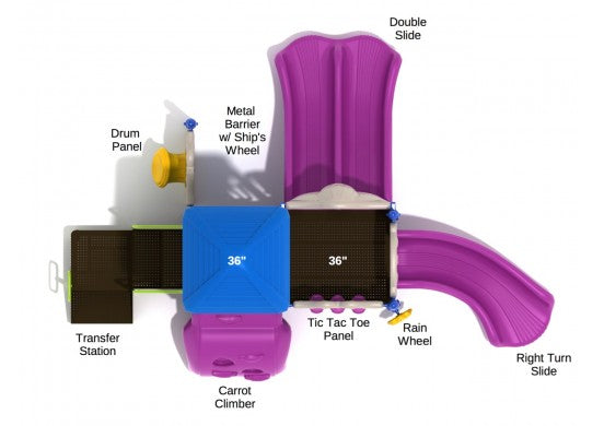 Overhead view of colorful playground with double and right turn slides, tic-tac-toe panel, drum panel, rain wheel, climbing features, and pyramid roof