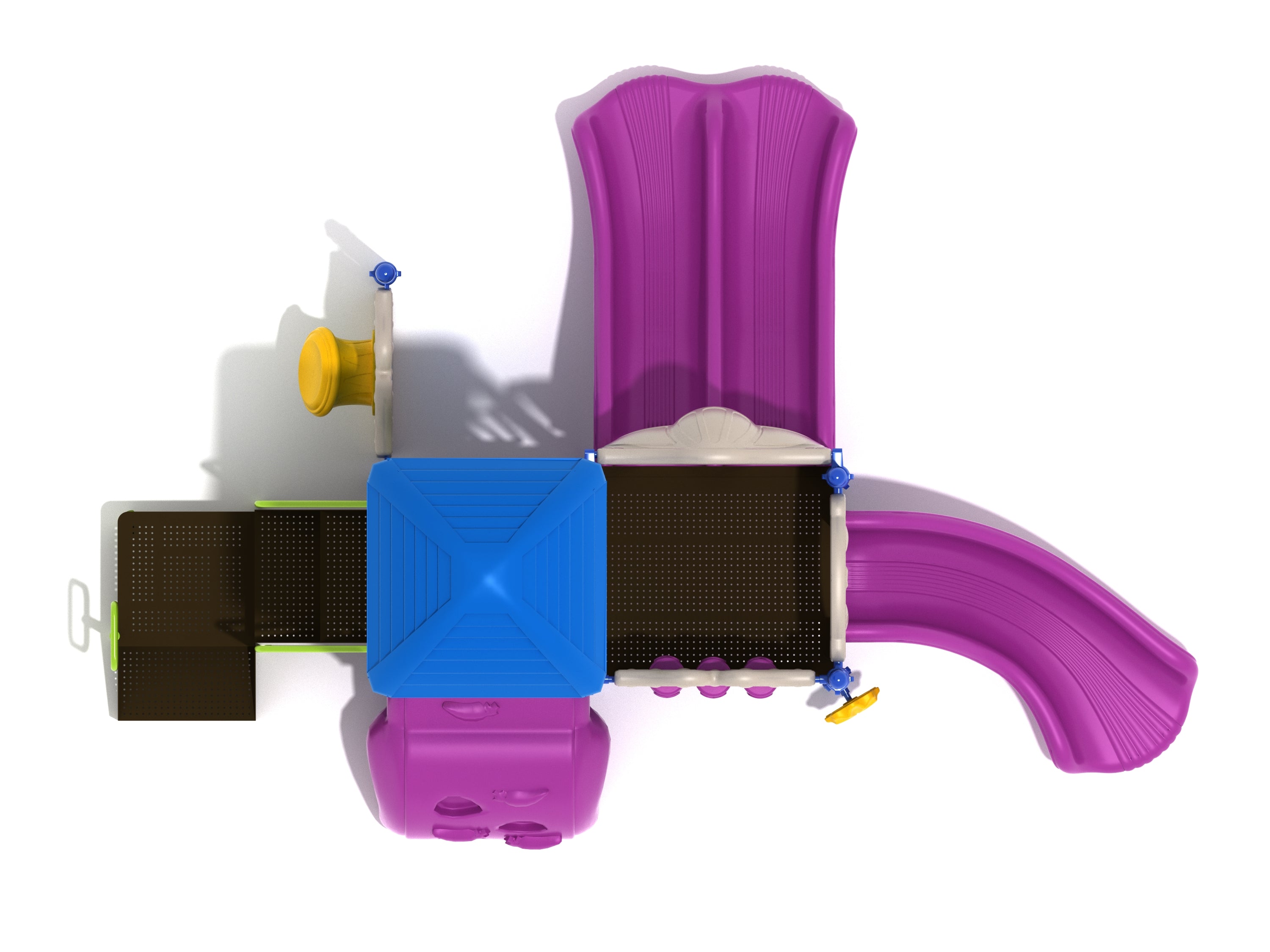 Overhead view of colorful playground with slides, climbing elements, interactive panels, and shaded platforms