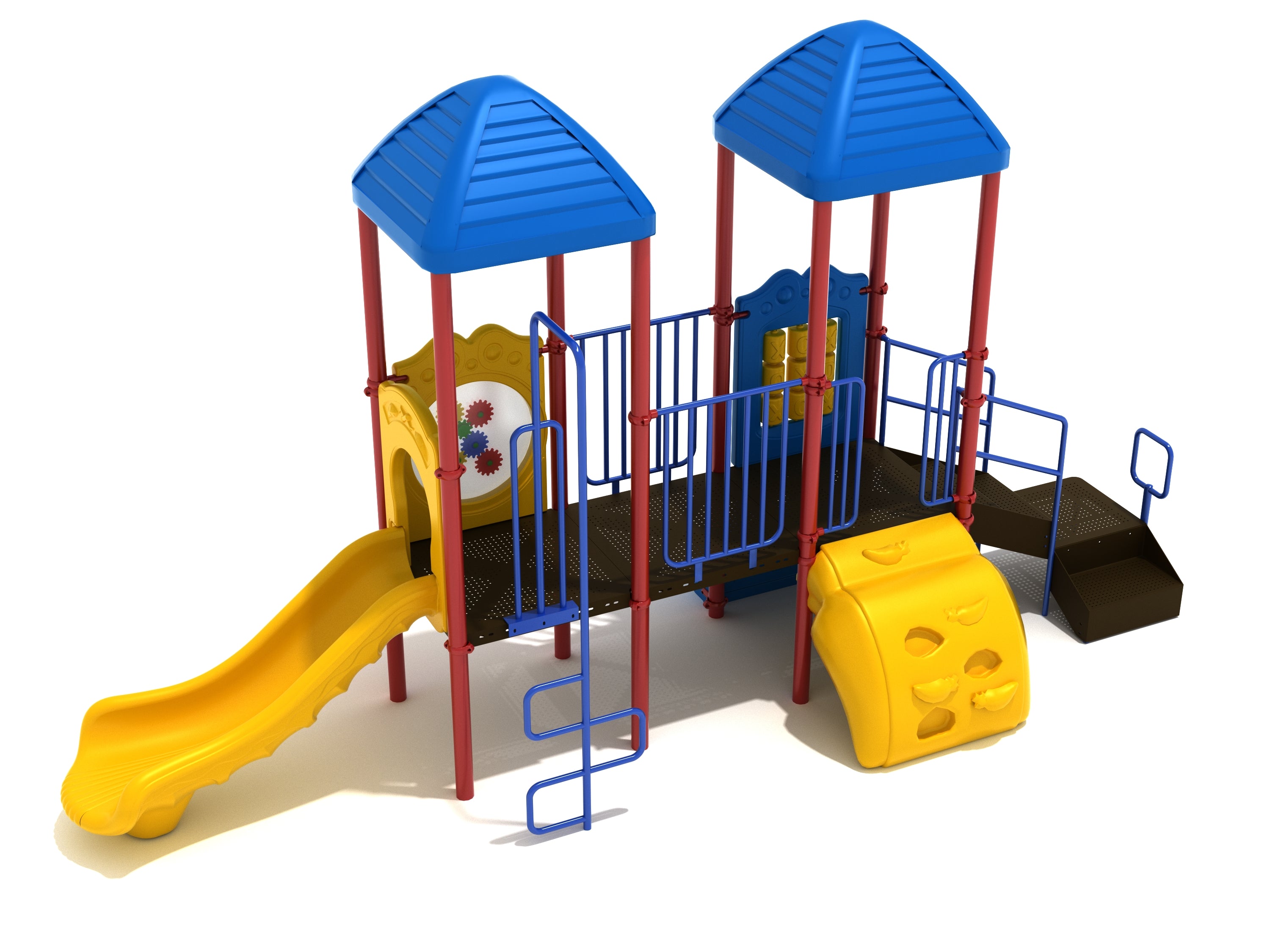 Des Moines Playground with blue roofs, yellow straight slide, gear and tic-tac-toe activity panels, climbing wall, and metal railings