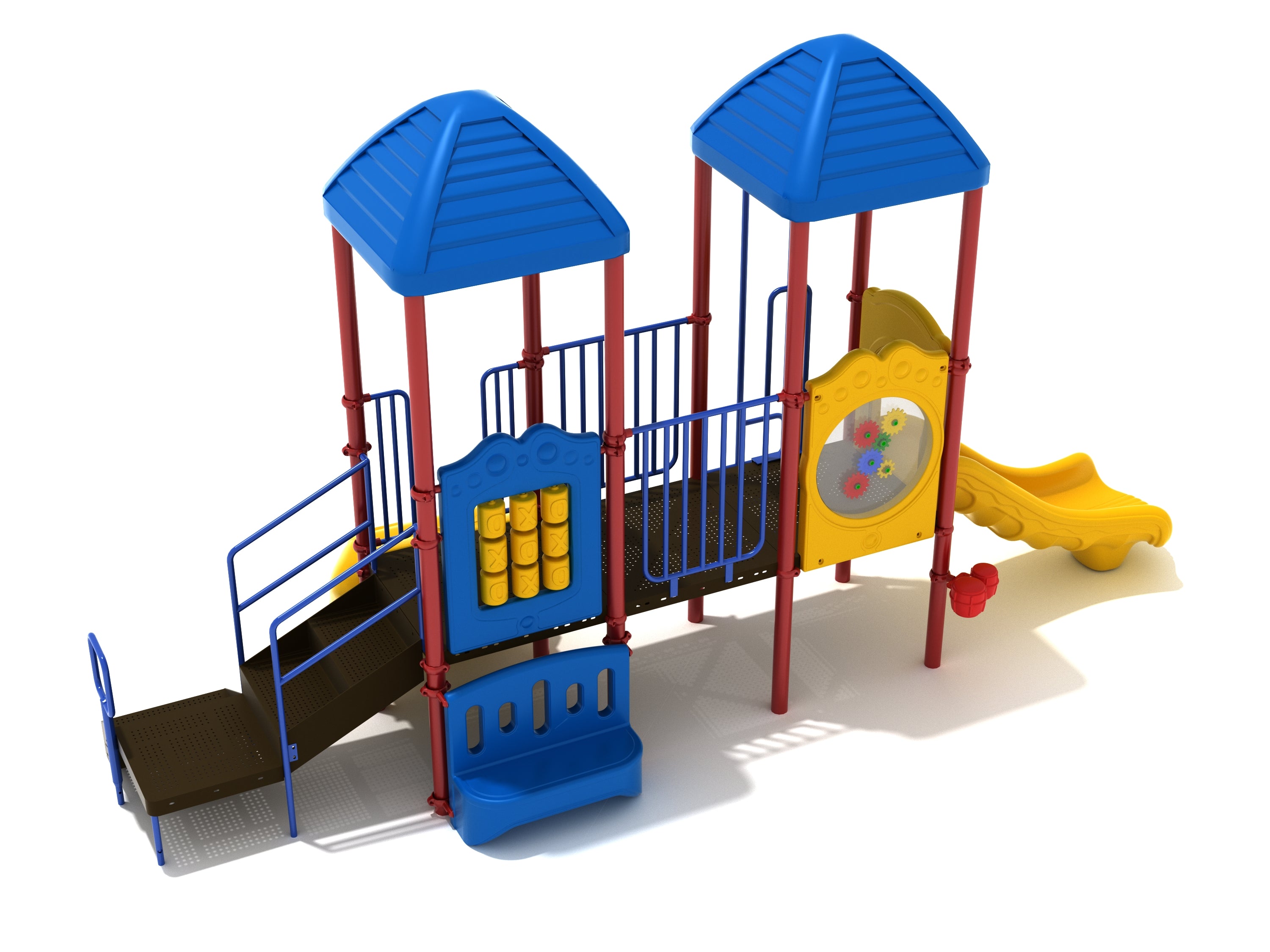 Colorful playground structure with two blue roofs, yellow slide, tic-tac-toe and gear activity panels, arched and vertical climbers, and a bench.