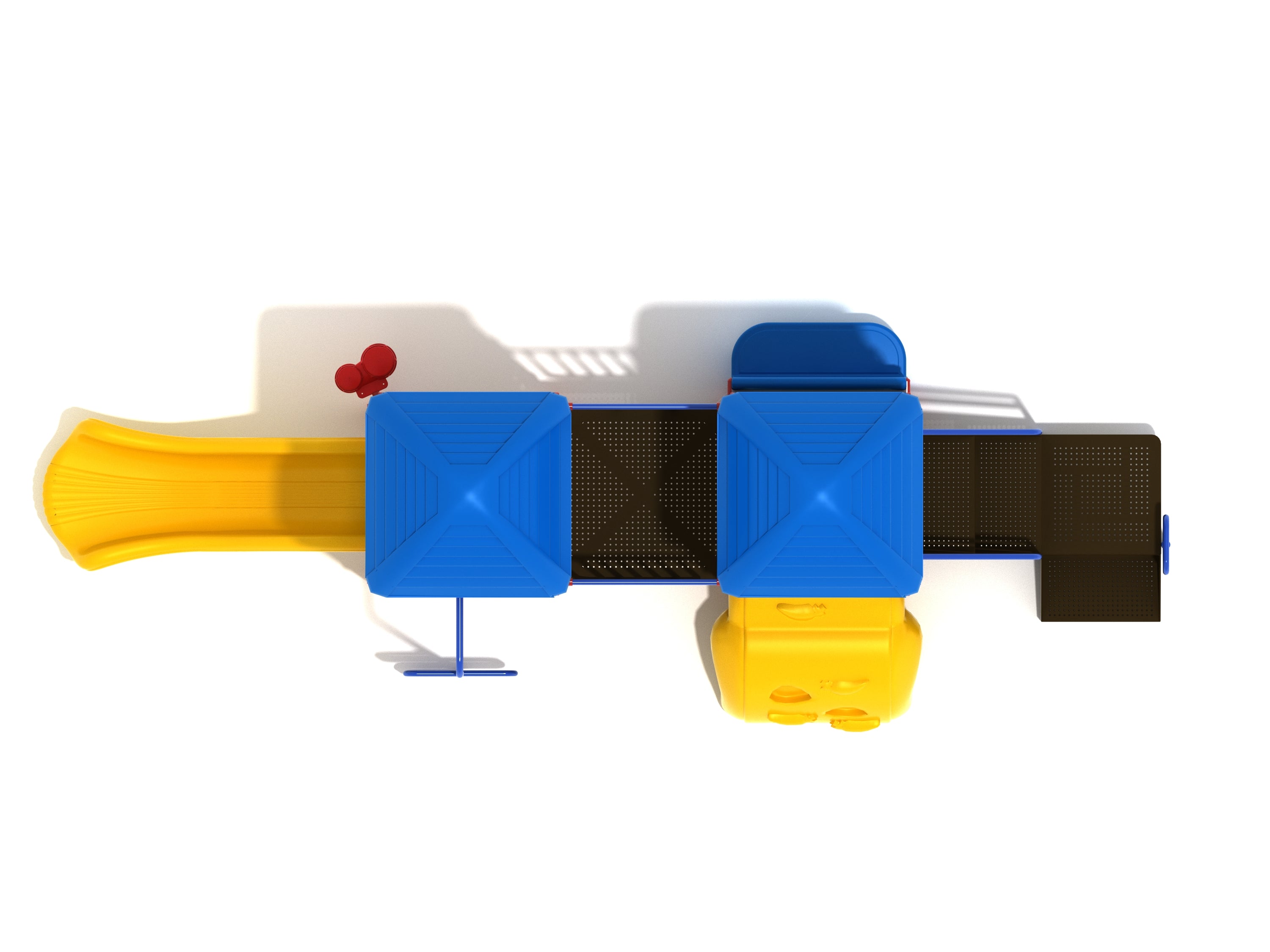 Overhead view of colorful playground with blue roofs, yellow slide, gear and tic-tac-toe panels, carrot and snake climbers, and activity areas