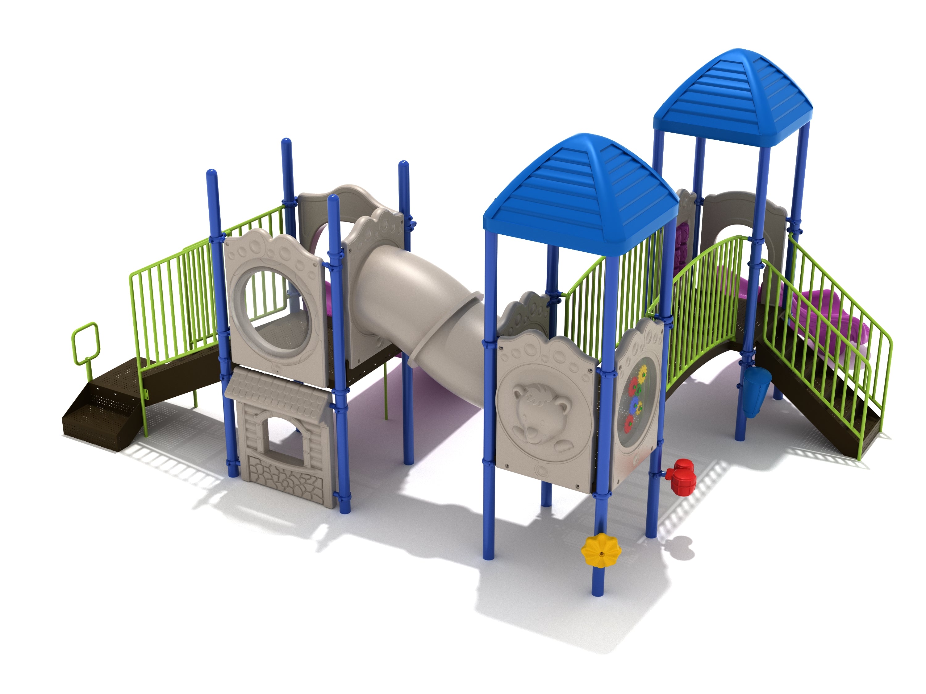 Colorful children's playground with blue roofs, green railings, beige panels featuring bear and gear designs, slides, stairs, and activity panels