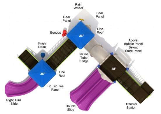 Overhead view of large L-shaped playground with slides, tic-tac-toe, gear, bear face, rain wheel, and tube bridge connecting platforms