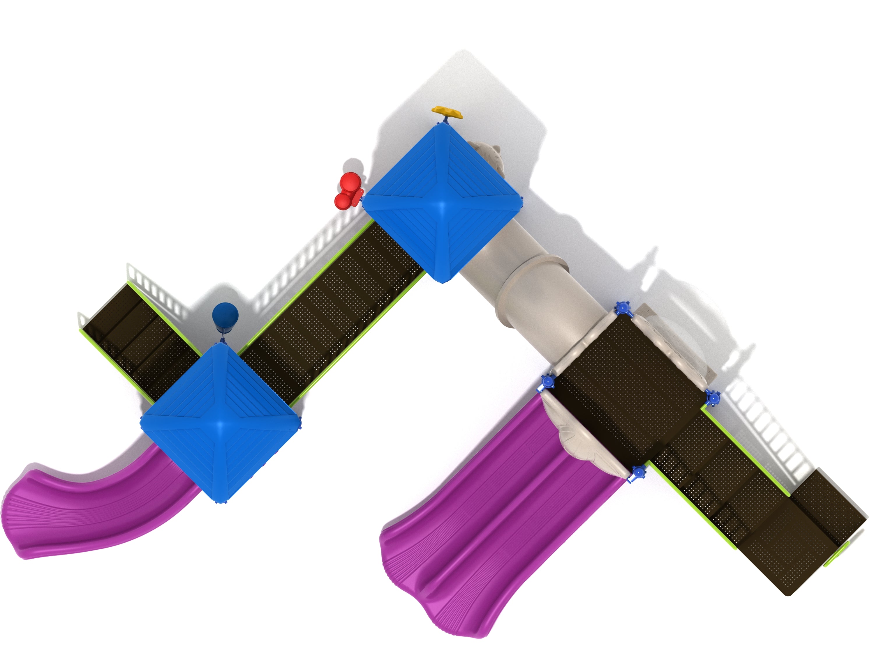 Overhead view of L-shaped playground with blue roofs, purple slides, interactive panels including Tic-Tac-Toe and gear features