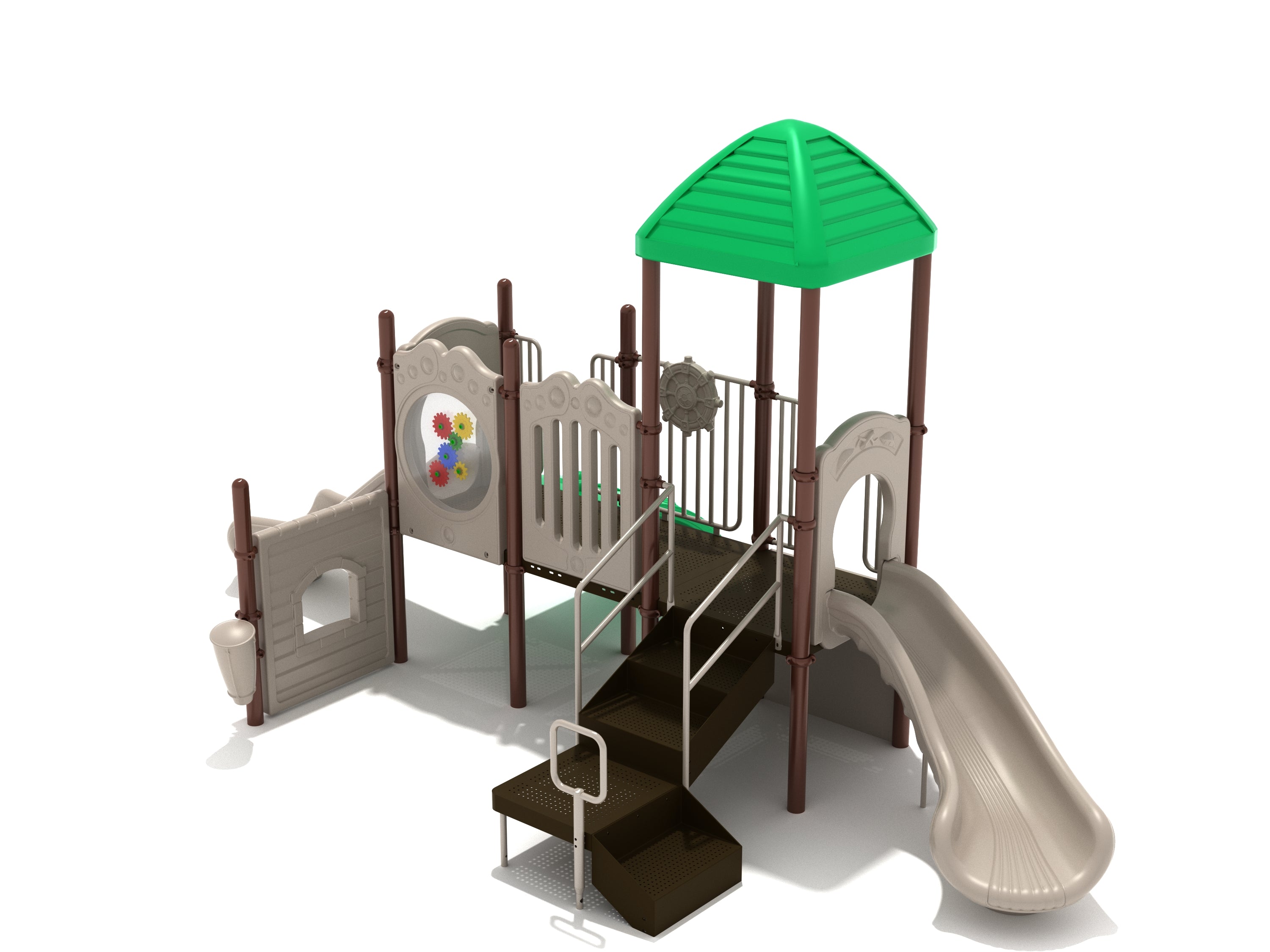 Modular playground playset with green roof, straight slide, gear panel, ship's wheel, stairs, and store-panel window.