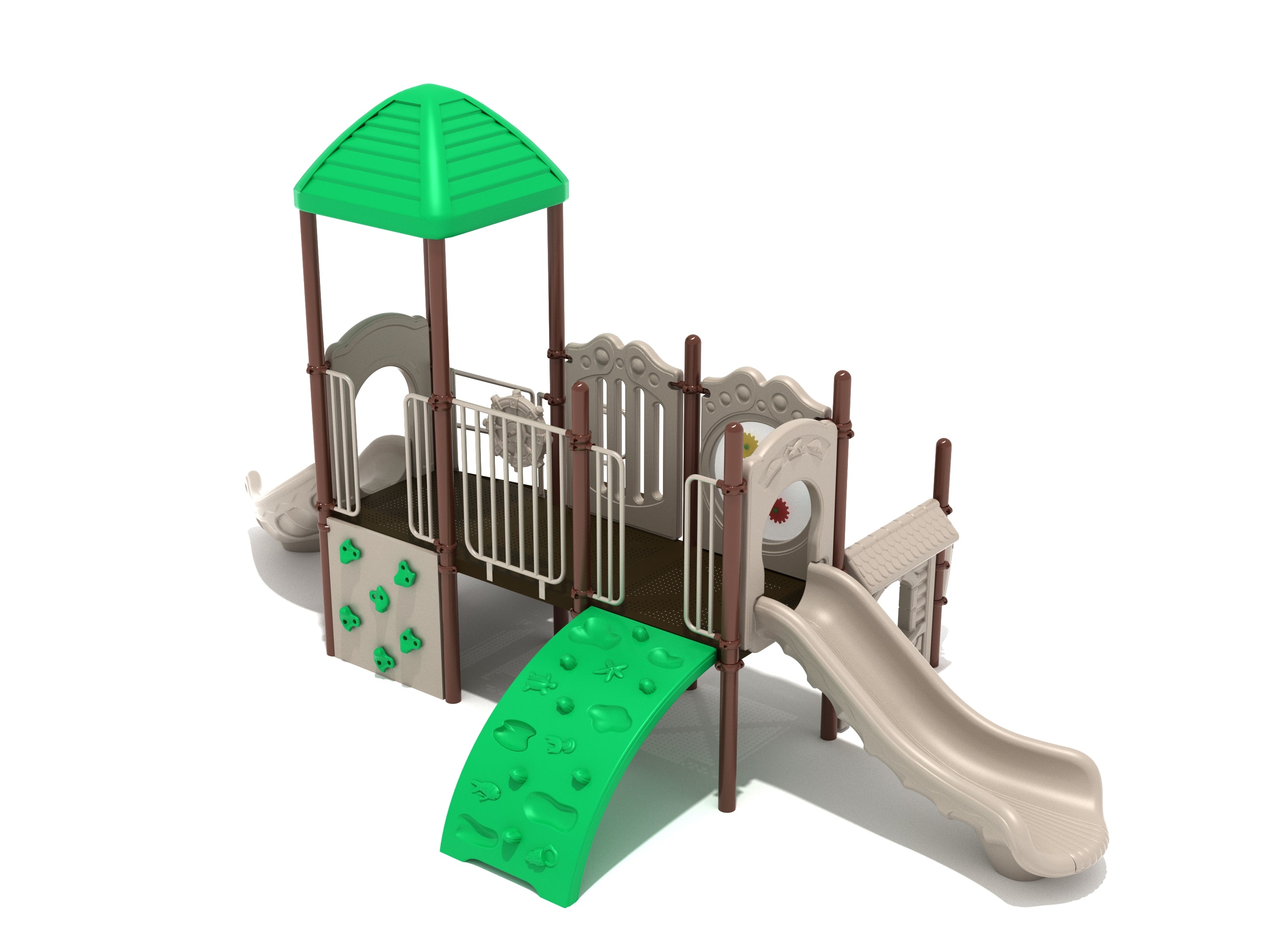 Commercial playground with two slides, gear panel, ship’s wheel, green rock wall, sea-creature arch climber, shade roof