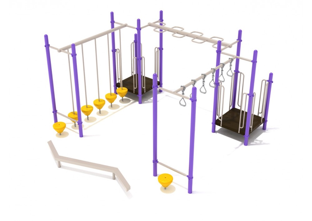 North Bethesda Fitness Course Playground with purple posts, yellow stepping pods, overhead horizontal snake ladder, balance beam, and pebble bridge